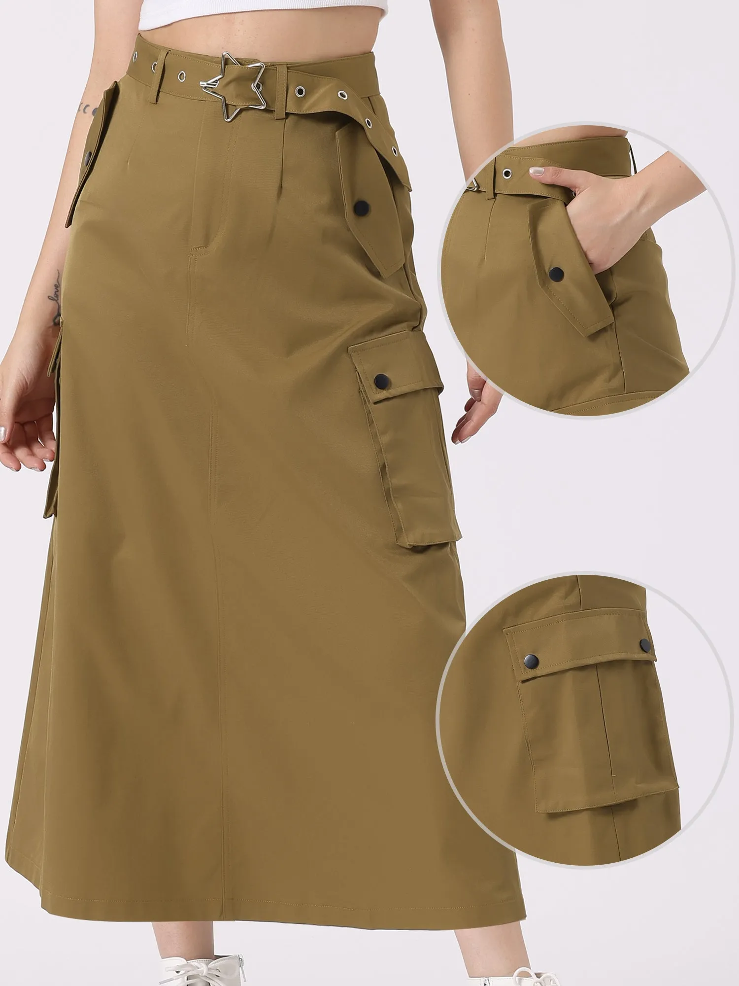 Y2K Zip High Waist Belted Pocketed Maxi Cargo A-Line Skirt sold by Allegra K product image thumbnail 2