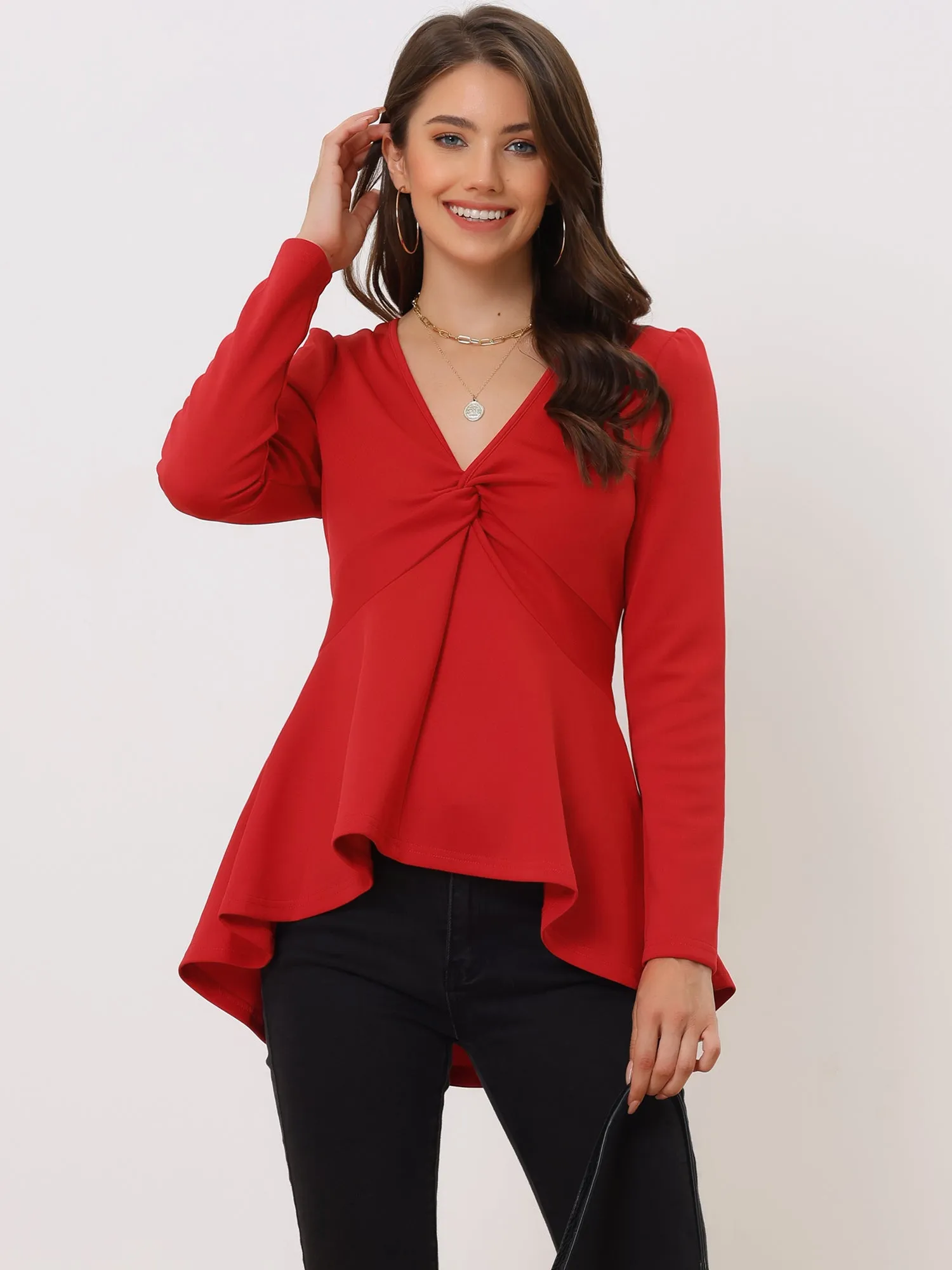 V Neck Twist Front Long Sleeve Peplum Solid Tunics sold by Allegra K