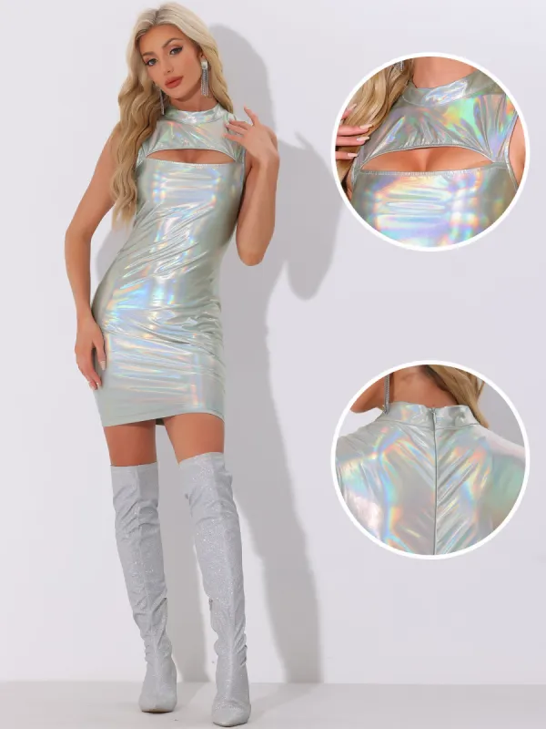 Sleeveless Mock Neck Club Party Mini Metallic Bodycon Dress sold by Allegra K