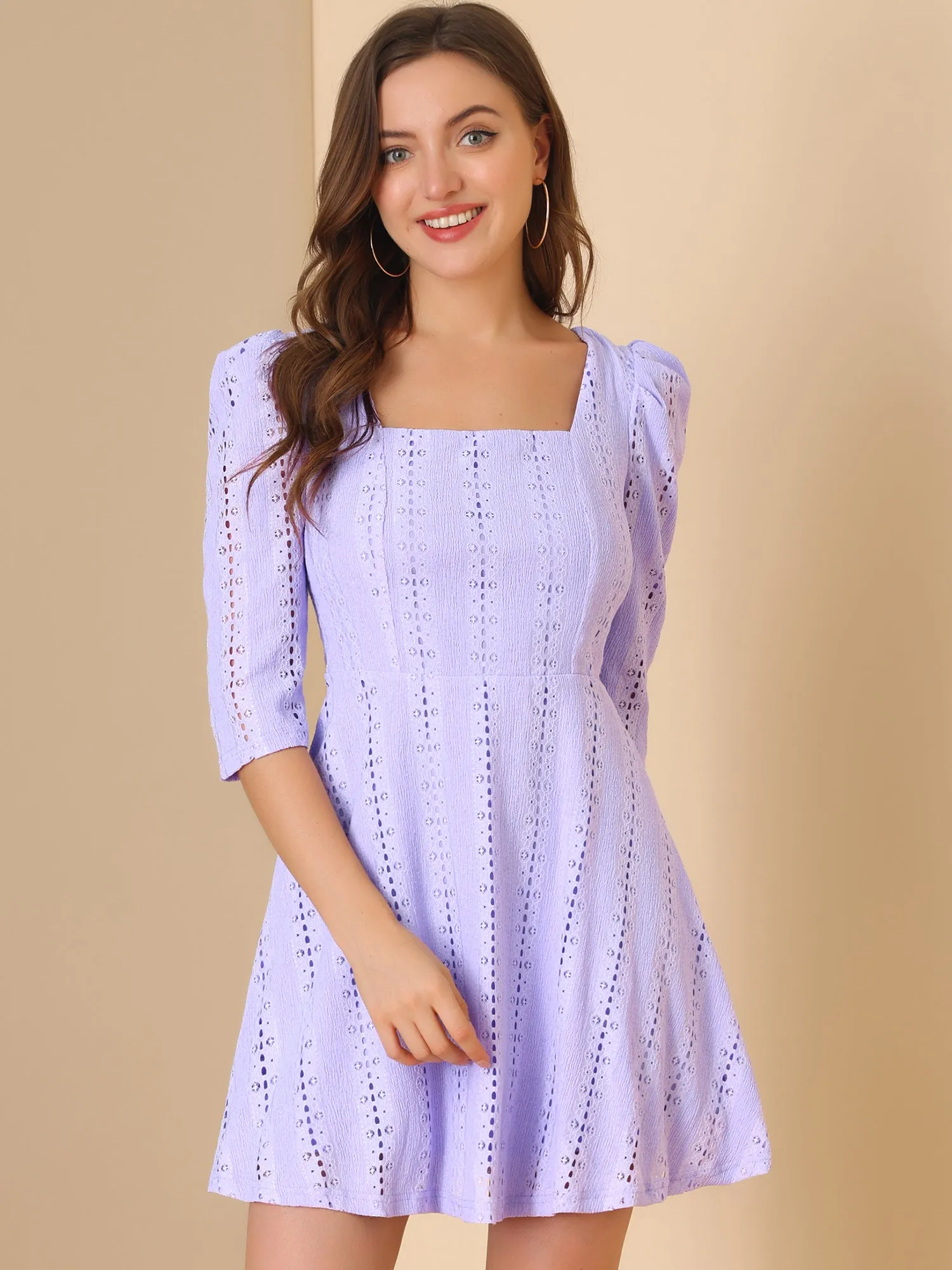 Square Neck Puff Sleeve Chic Stretchy Lace Above Knee Dress sold by Allegra K product image thumbnail 2