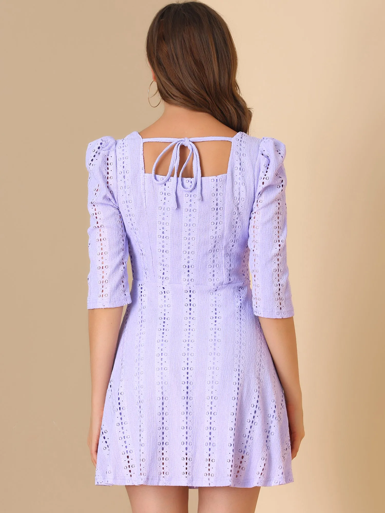 Square Neck Puff Sleeve Chic Stretchy Lace Above Knee Dress sold by Allegra K product image thumbnail 4