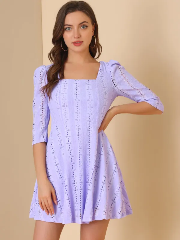 Square Neck Puff Sleeve Chic Stretchy Lace Above Knee Dress sold by Allegra K