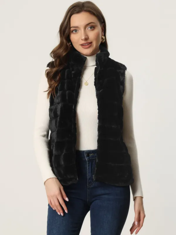 Fluffy Vest Jacket Stand Collar Sleeveless Faux Fur Coat sold by Allegra K