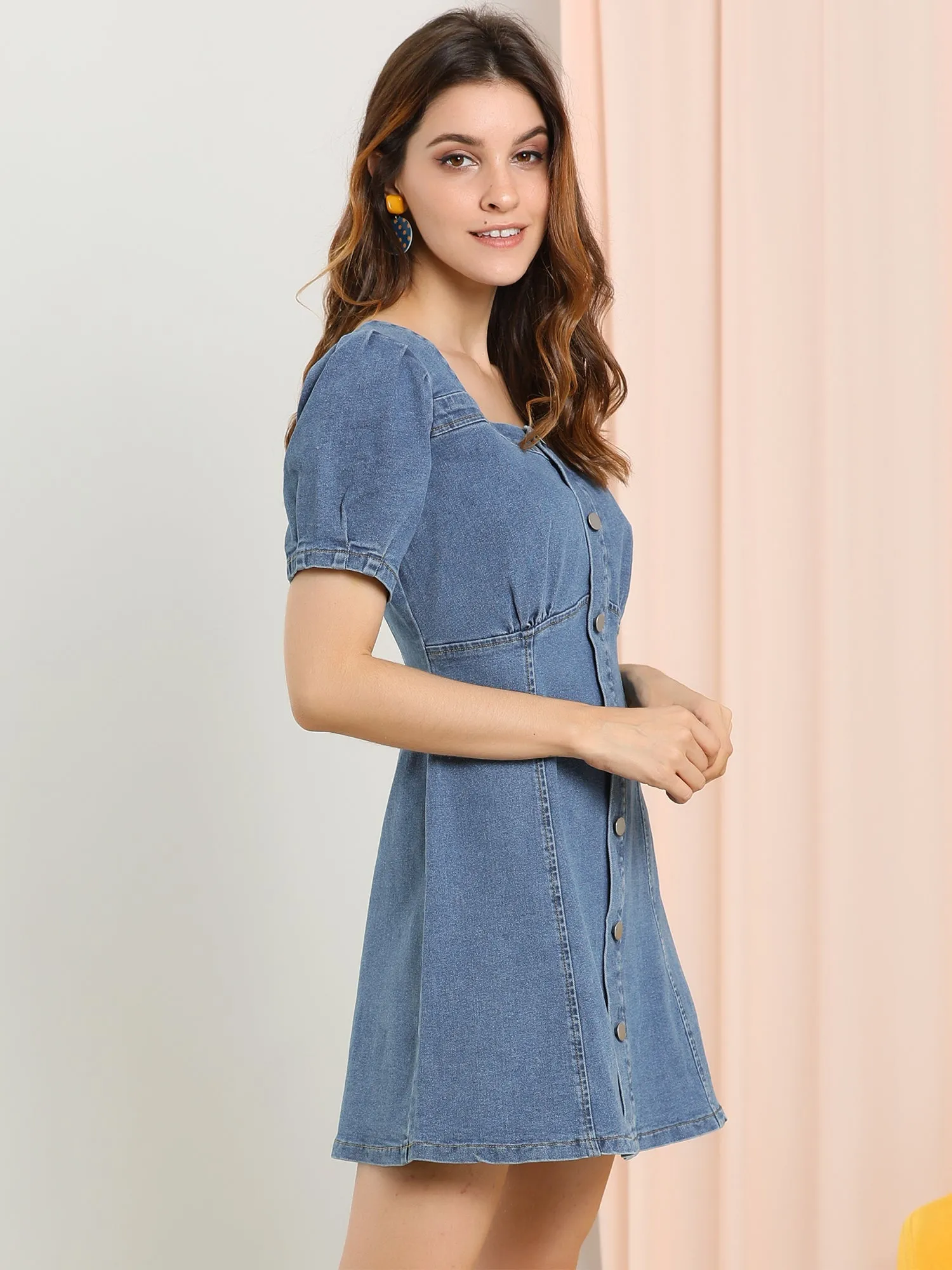 Denim Puff Sleeve Sweetheart Neck Flare A-line Jean Mini Dress sold by Allegra K product image thumbnail 4