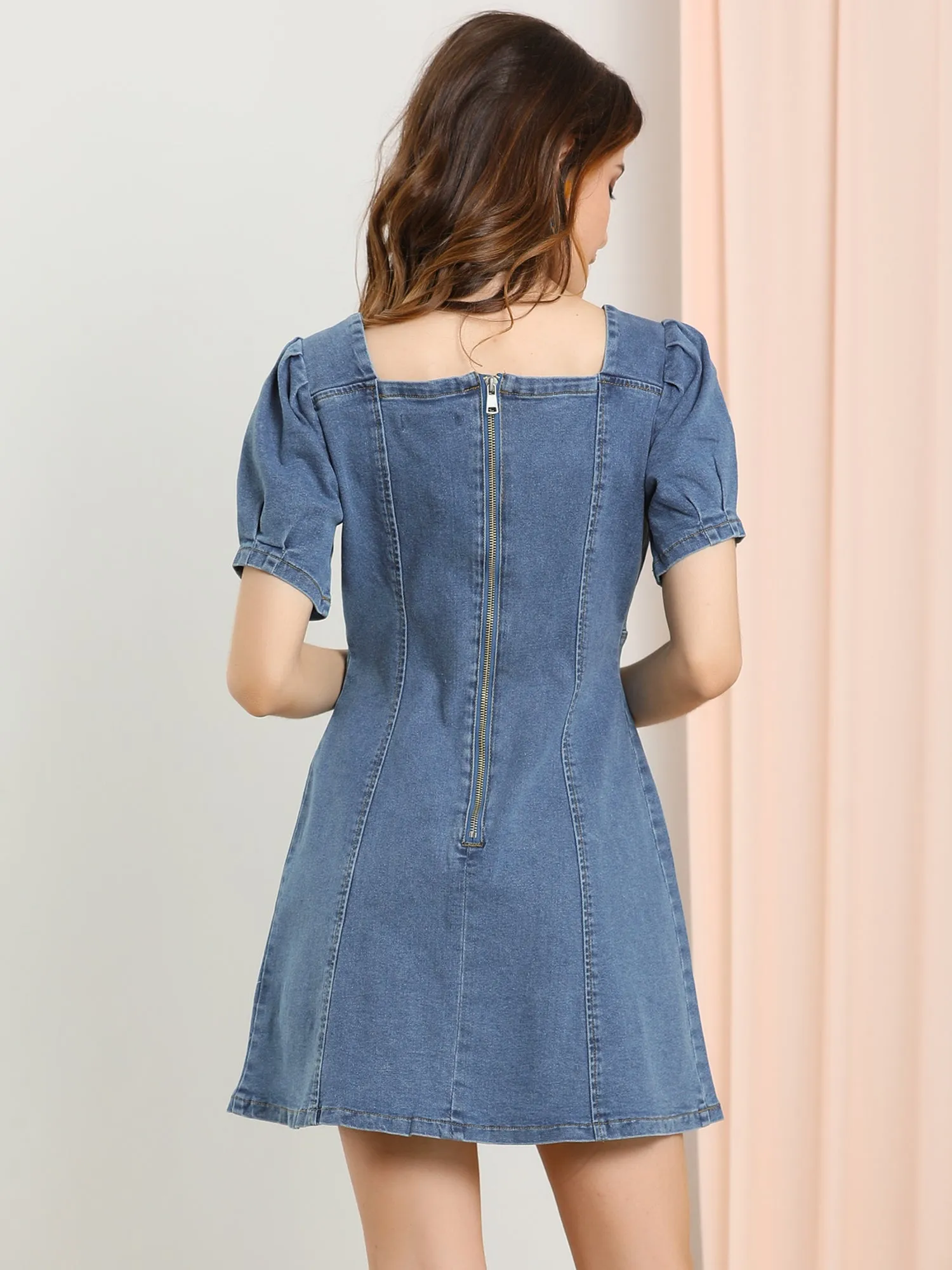 Denim Puff Sleeve Sweetheart Neck Flare A-line Jean Mini Dress sold by Allegra K product image thumbnail 5