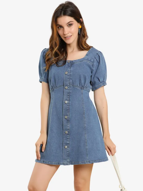 Denim Puff Sleeve Sweetheart Neck Flare A-line Jean Mini Dress sold by Allegra K