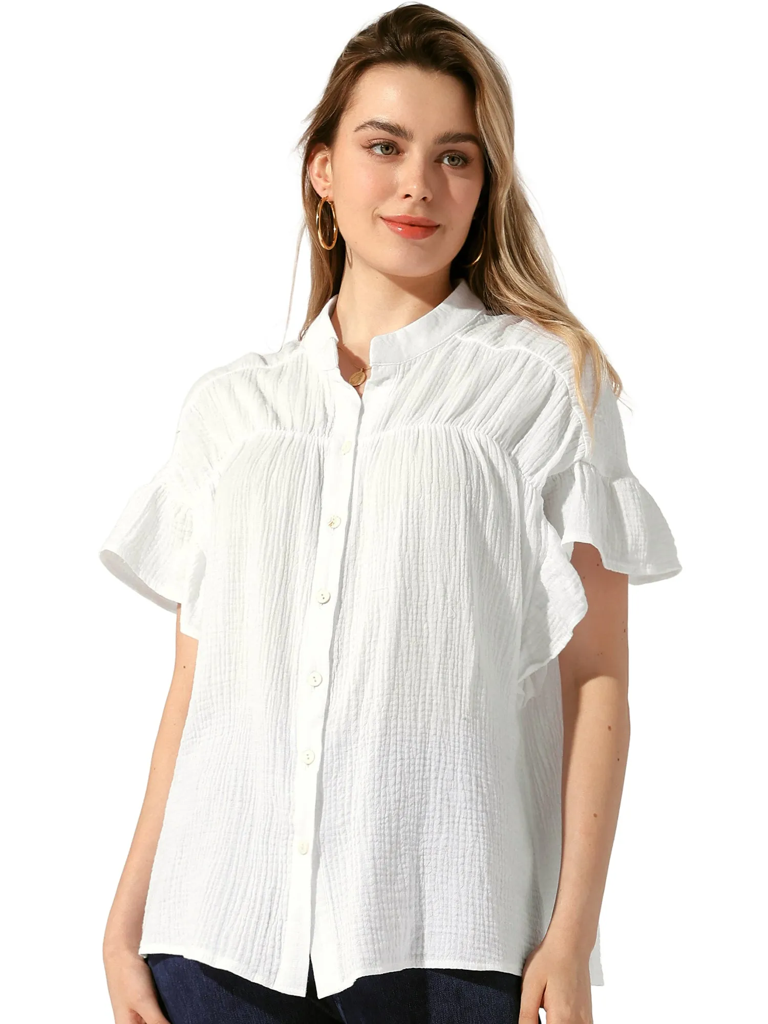 Button Up Textured Ruffle Sleeve Casual Blouse sold by Allegra K product image thumbnail 5