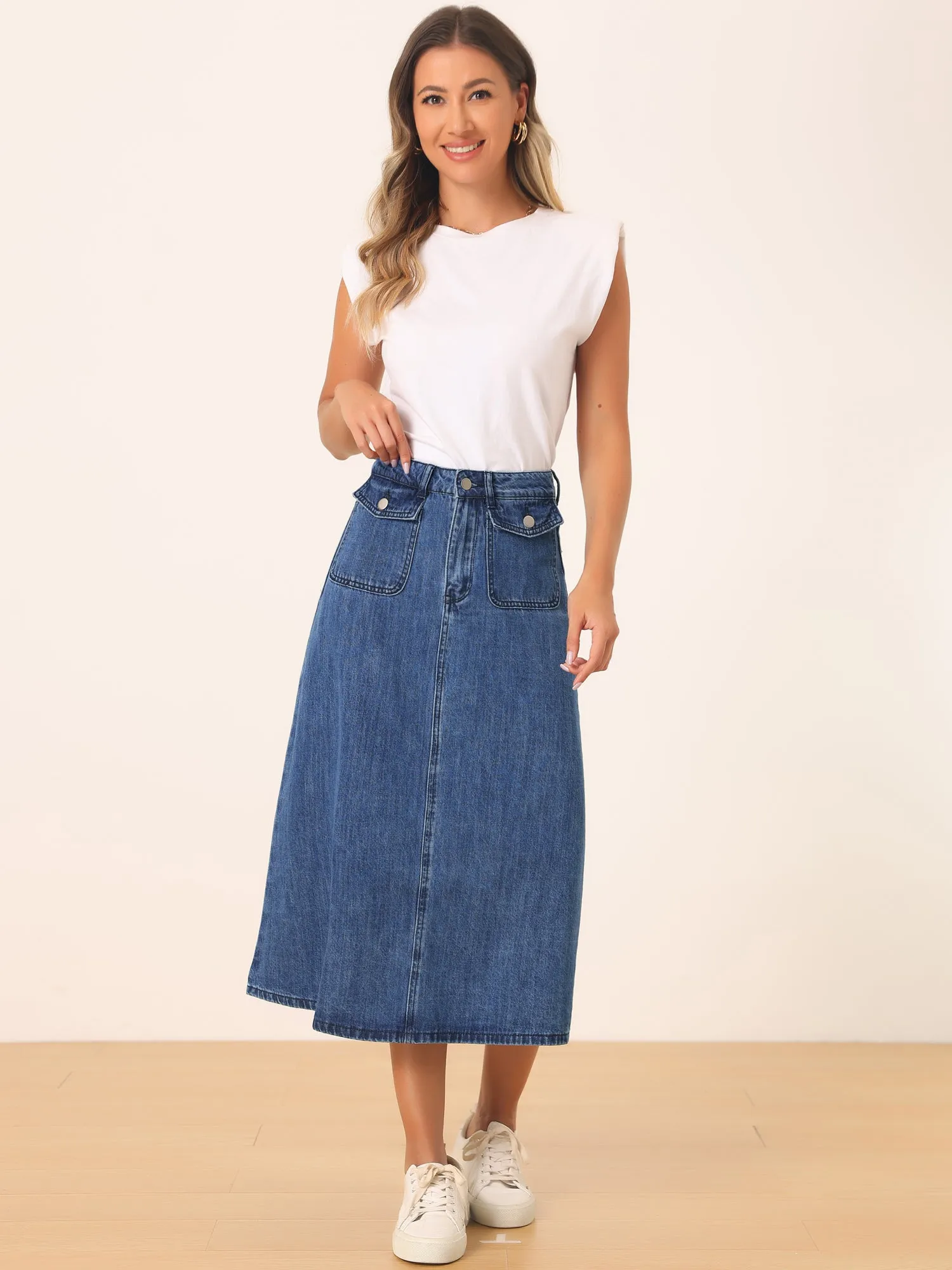 Casual High Waisted Flap Pocket A-Line Long Denim Jean Skirt sold by Allegra K product image thumbnail 4