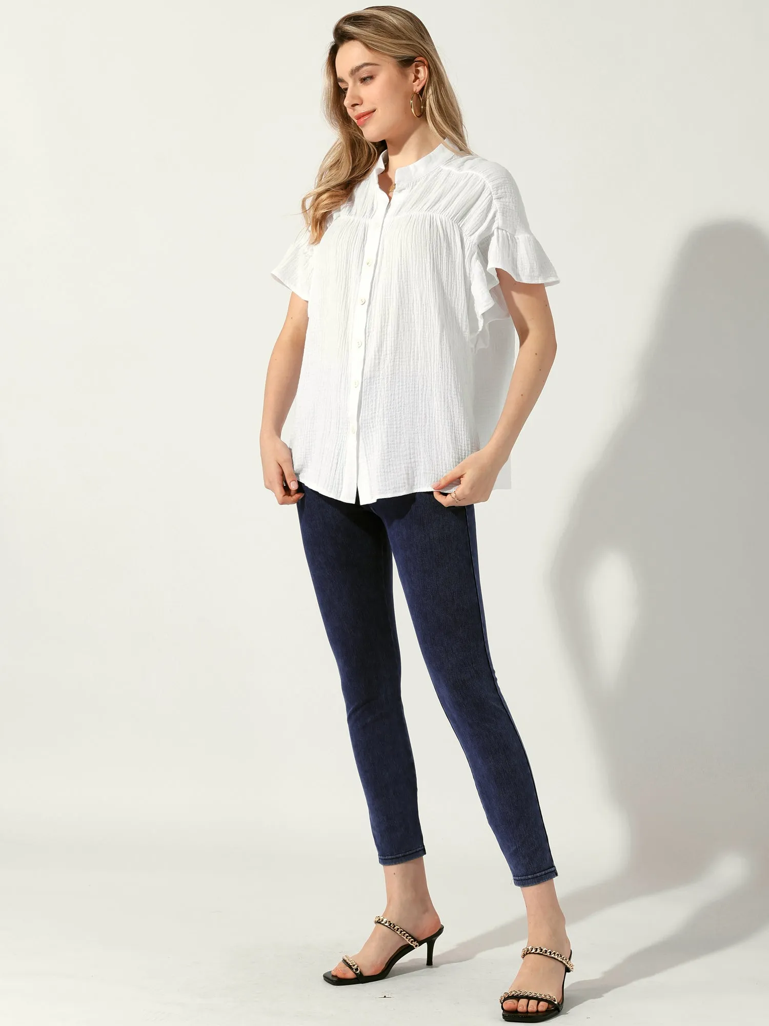 Button Up Textured Ruffle Sleeve Casual Blouse sold by Allegra K product image thumbnail 2