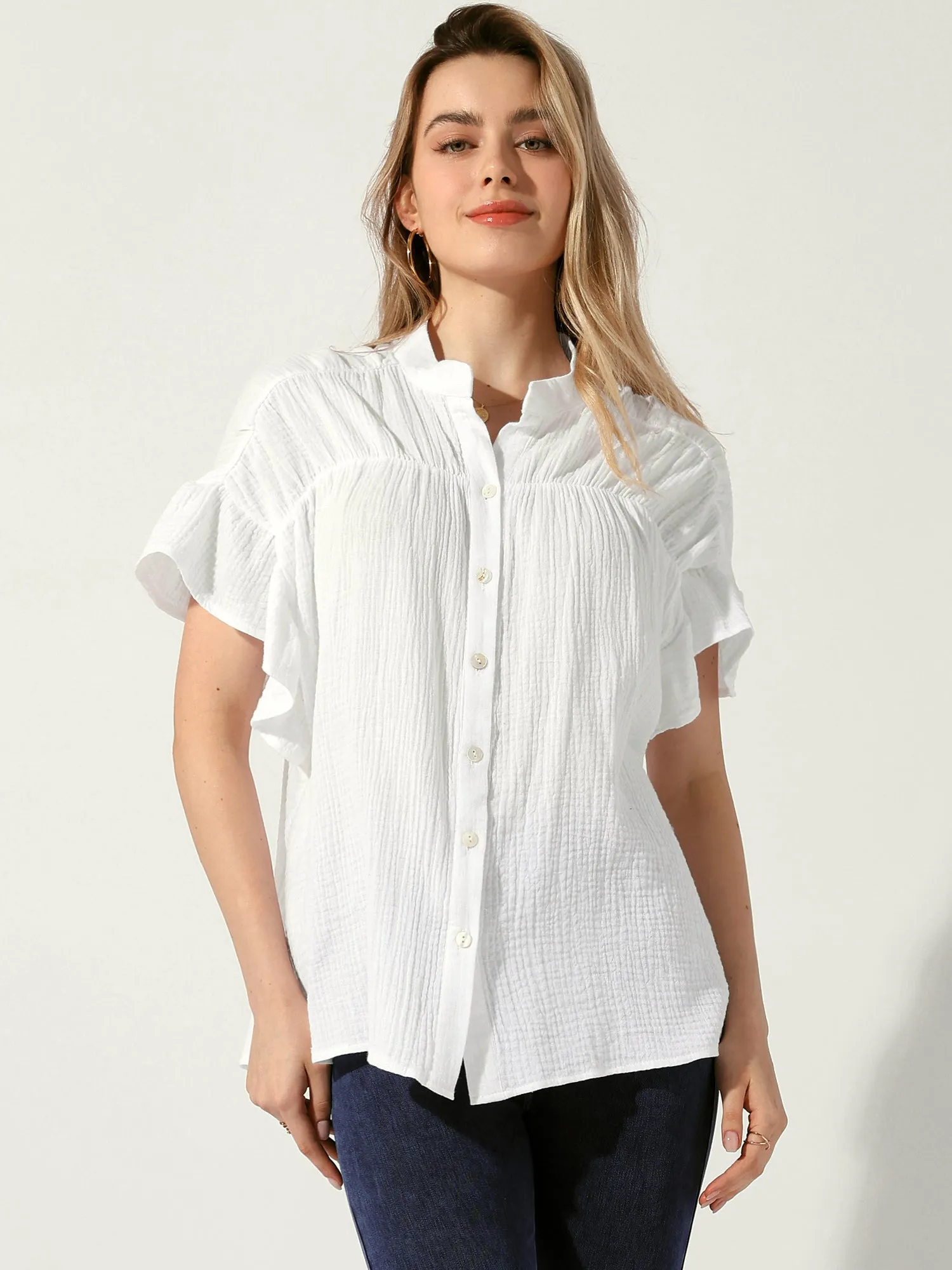 Button Up Textured Ruffle Sleeve Casual Blouse sold by Allegra K