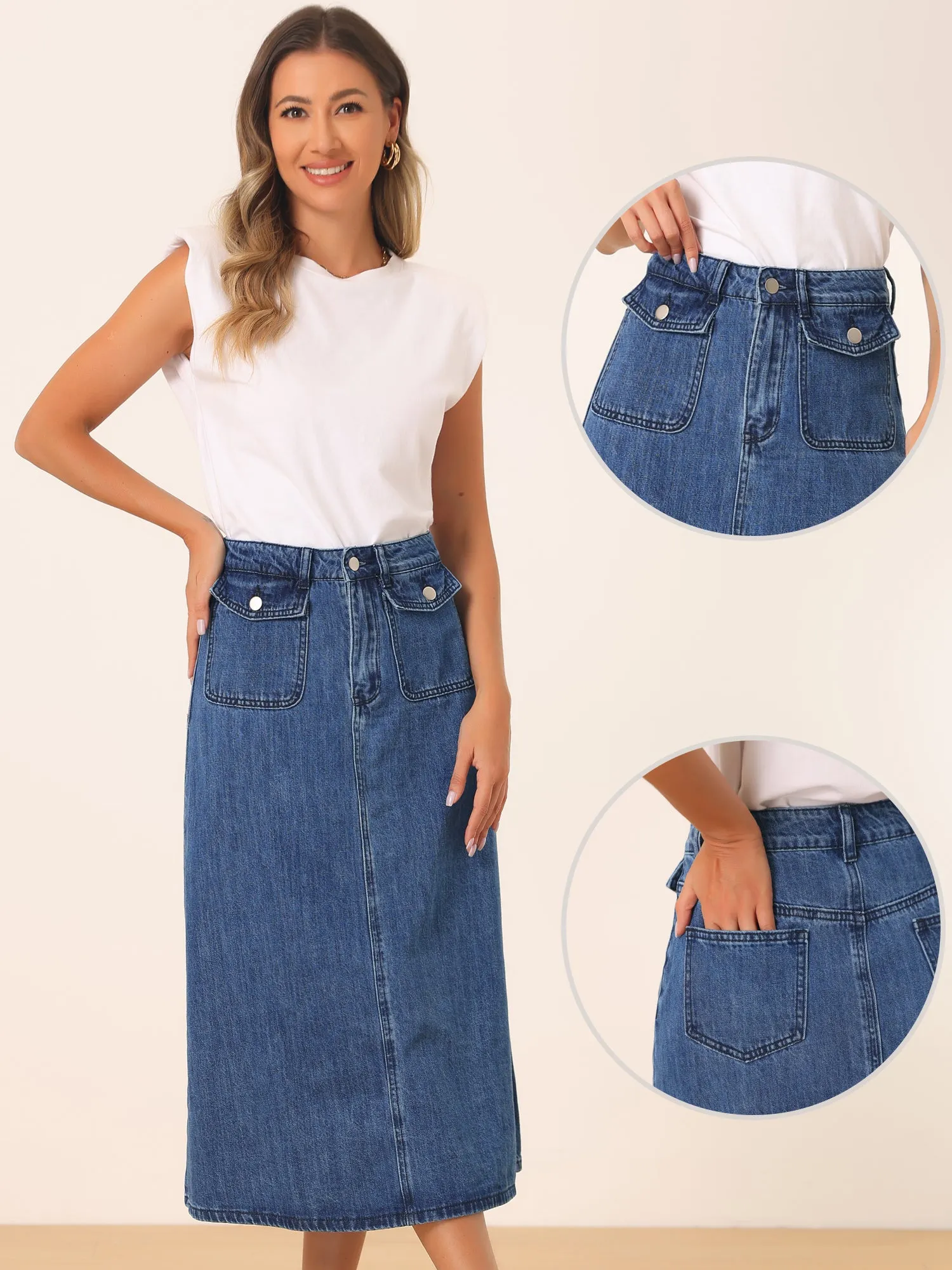 Casual High Waisted Flap Pocket A-Line Long Denim Jean Skirt sold by Allegra K product image thumbnail 2