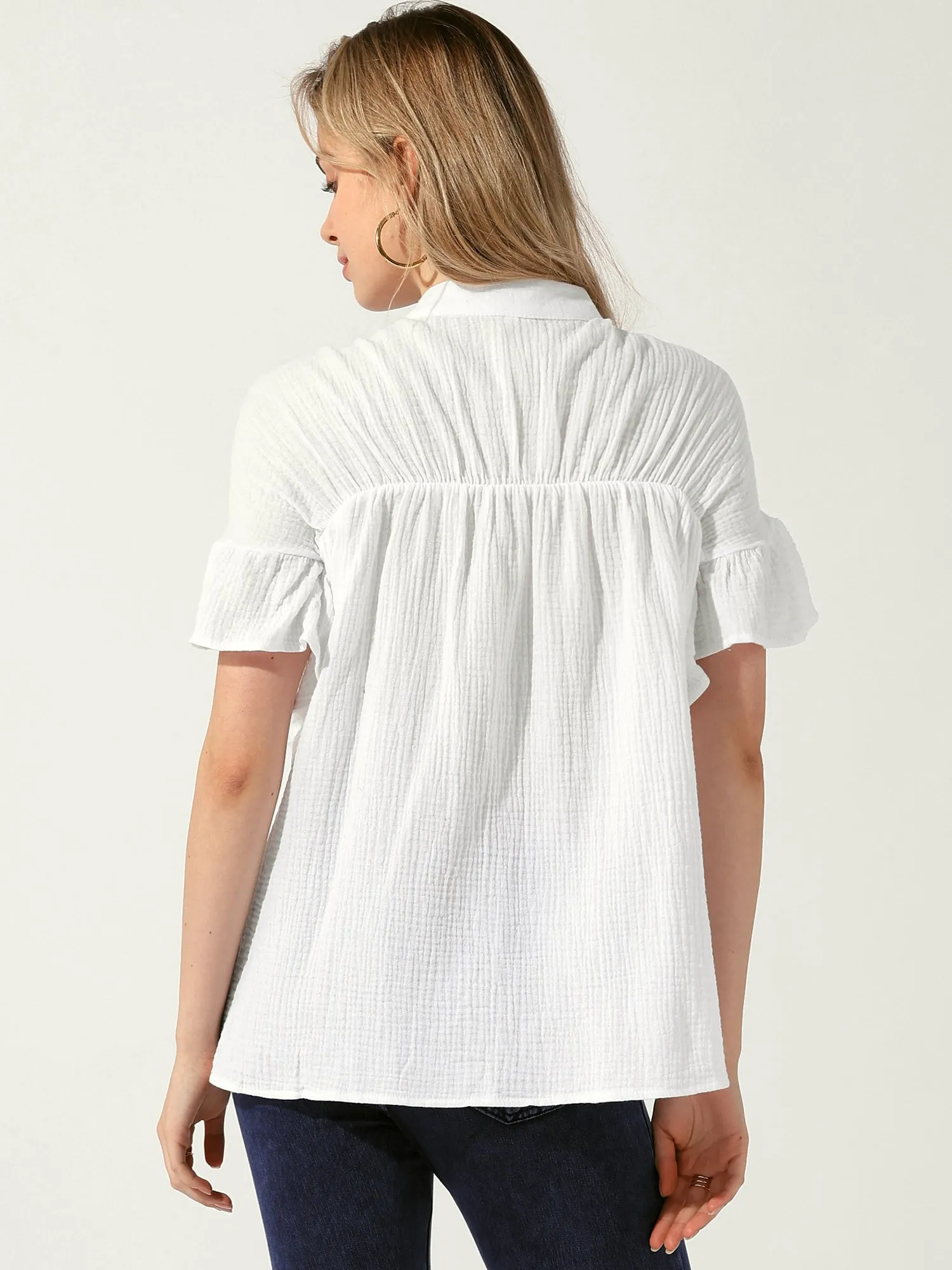 Button Up Textured Ruffle Sleeve Casual Blouse sold by Allegra K product image thumbnail 3