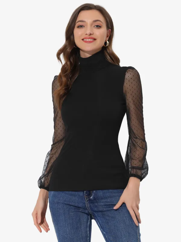 Long Sleeve Tops High Neck Slim Fit Mesh Sheer Blouse sold by Allegra K