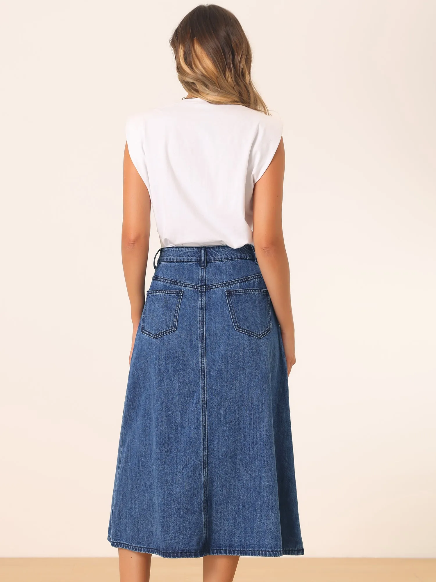 Casual High Waisted Flap Pocket A-Line Long Denim Jean Skirt sold by Allegra K product image thumbnail 3