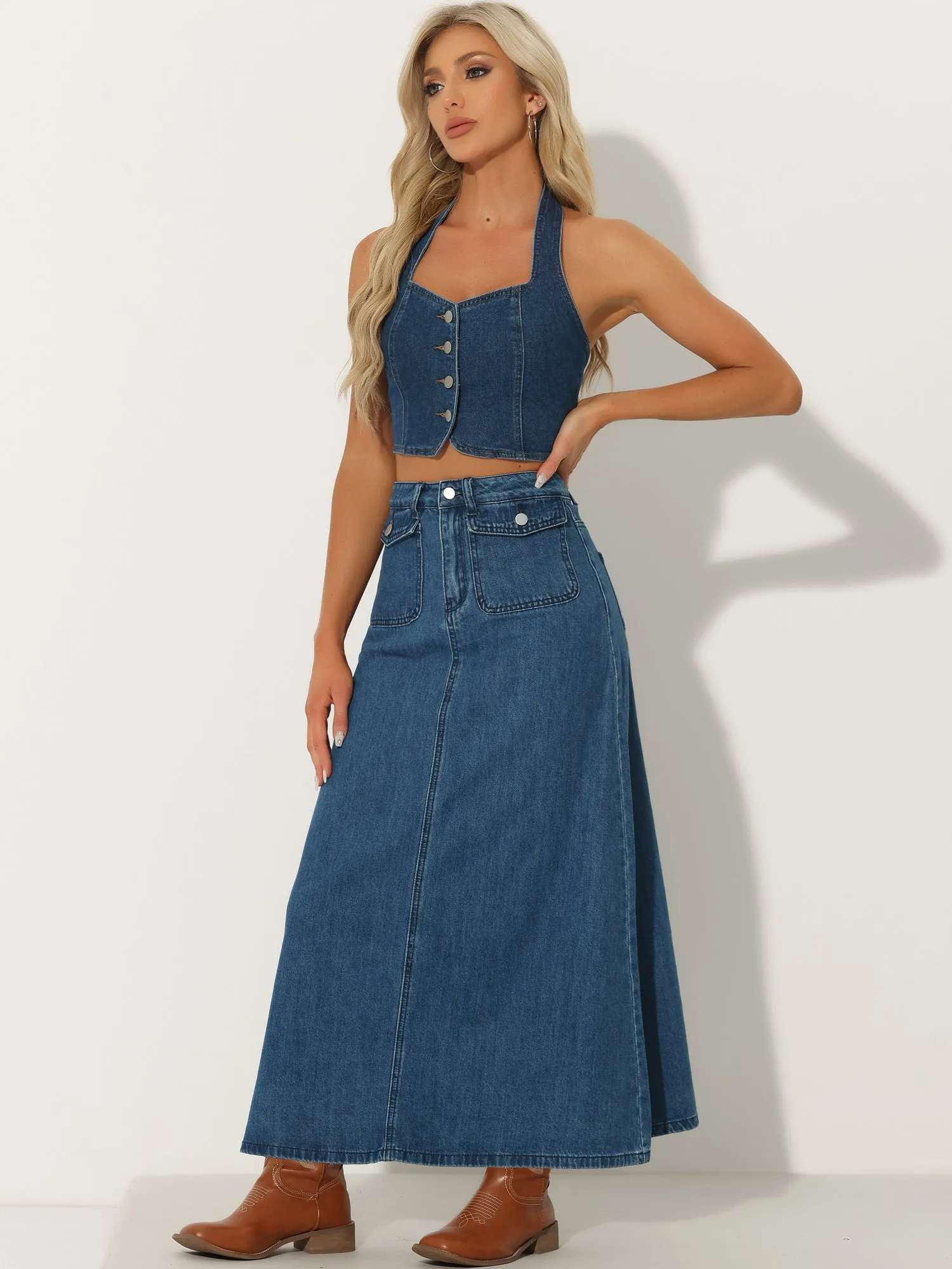 Casual High Waisted Flap Pocket A-Line Long Denim Jean Skirt sold by Allegra K