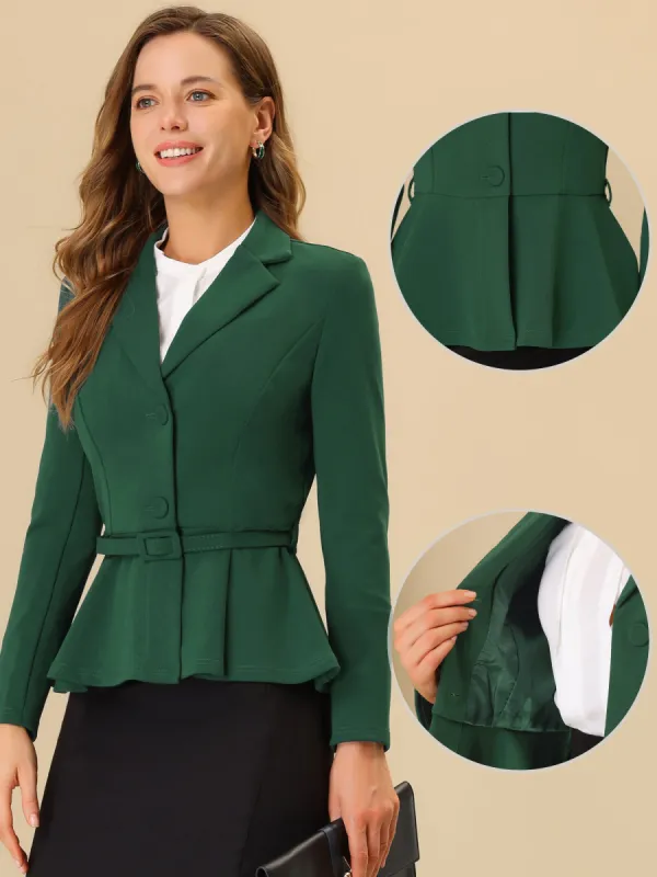 Vintage Ruffle Hem Belted Notched Lapel Office Work Blazer sold by Allegra K