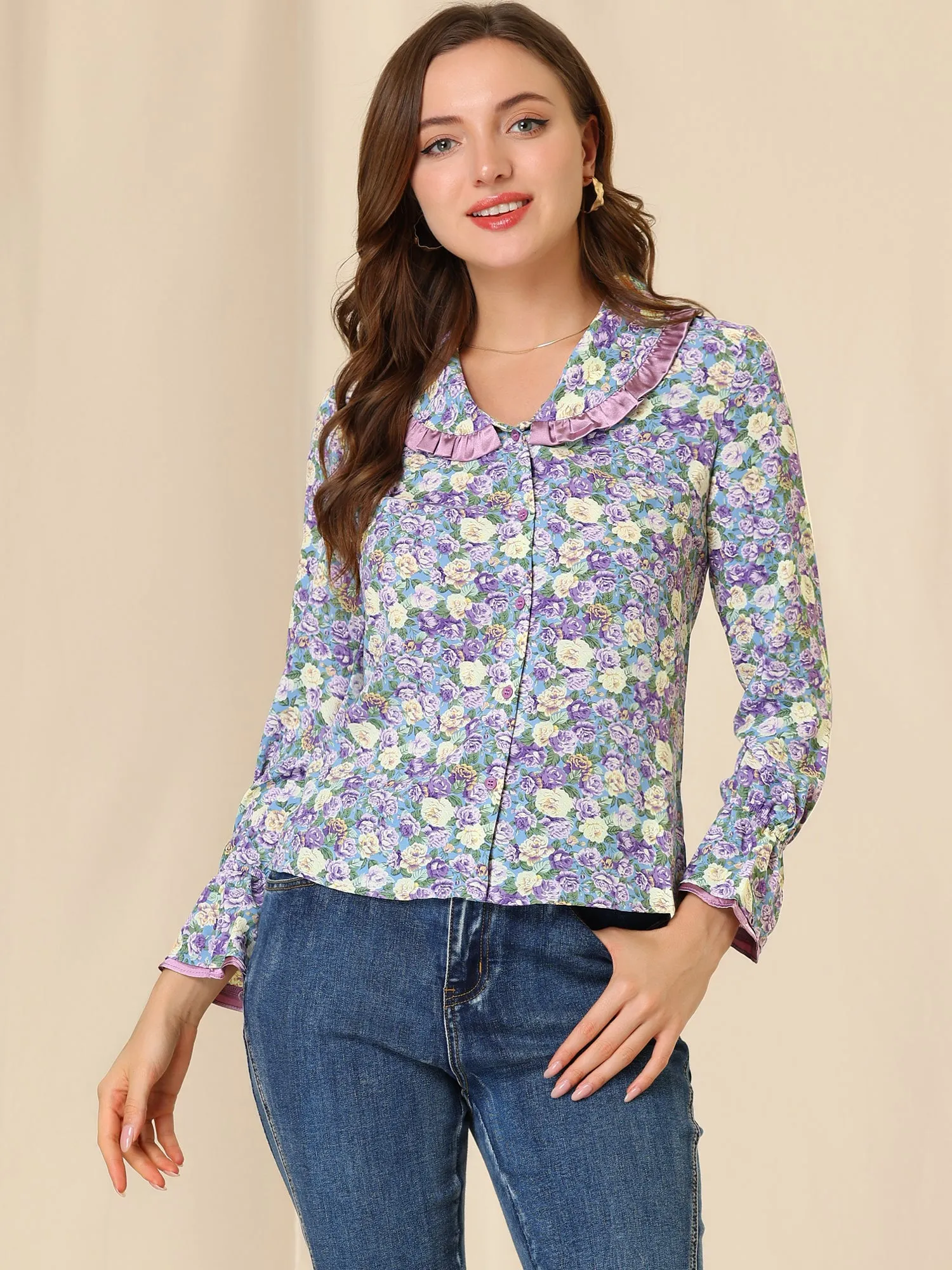 Peter Pan Collar Shirt Ruffle Sleeve Floral Vintage Blouse sold by Allegra K product image thumbnail 2