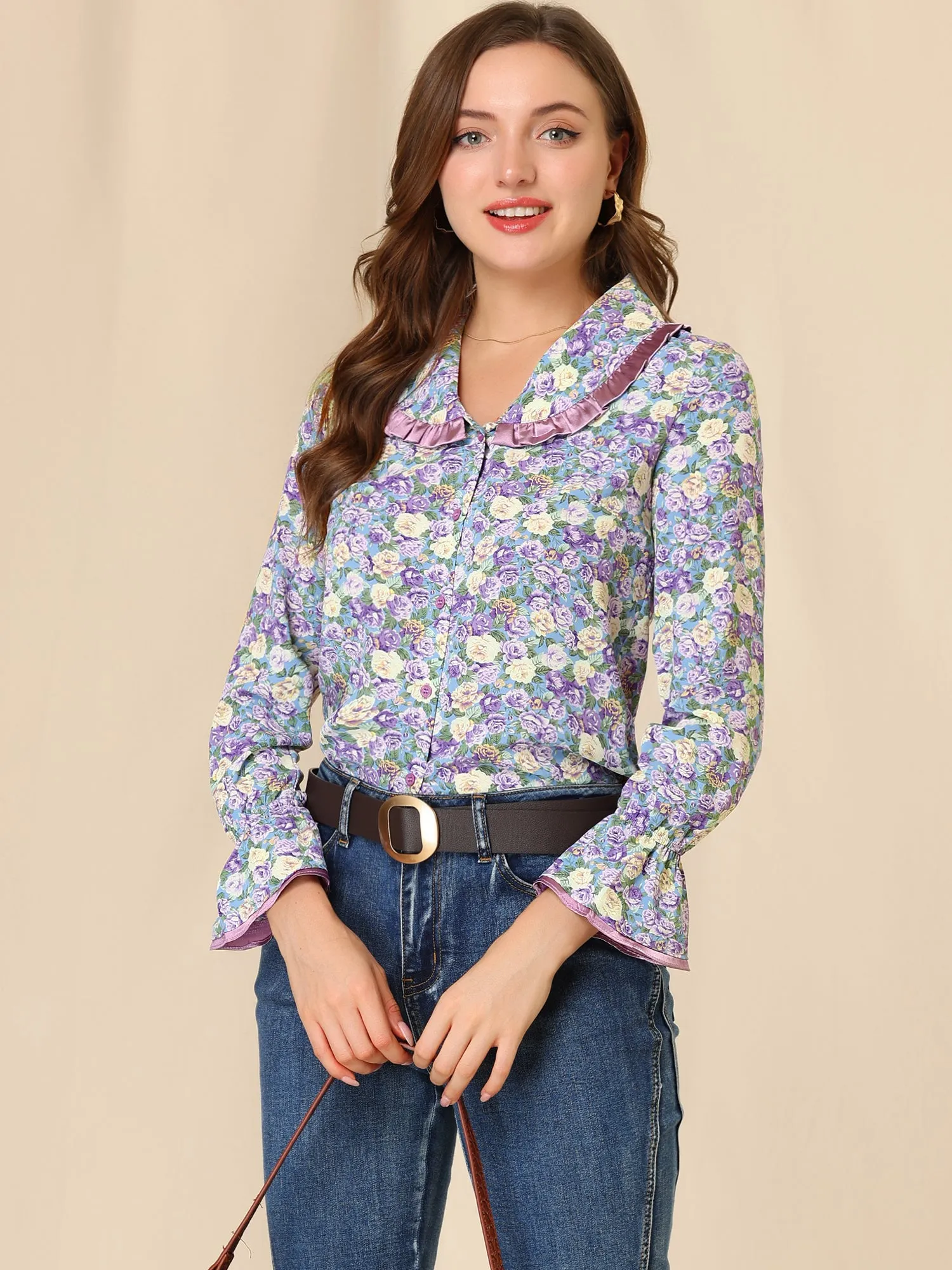 Peter Pan Collar Shirt Ruffle Sleeve Floral Vintage Blouse sold by Allegra K