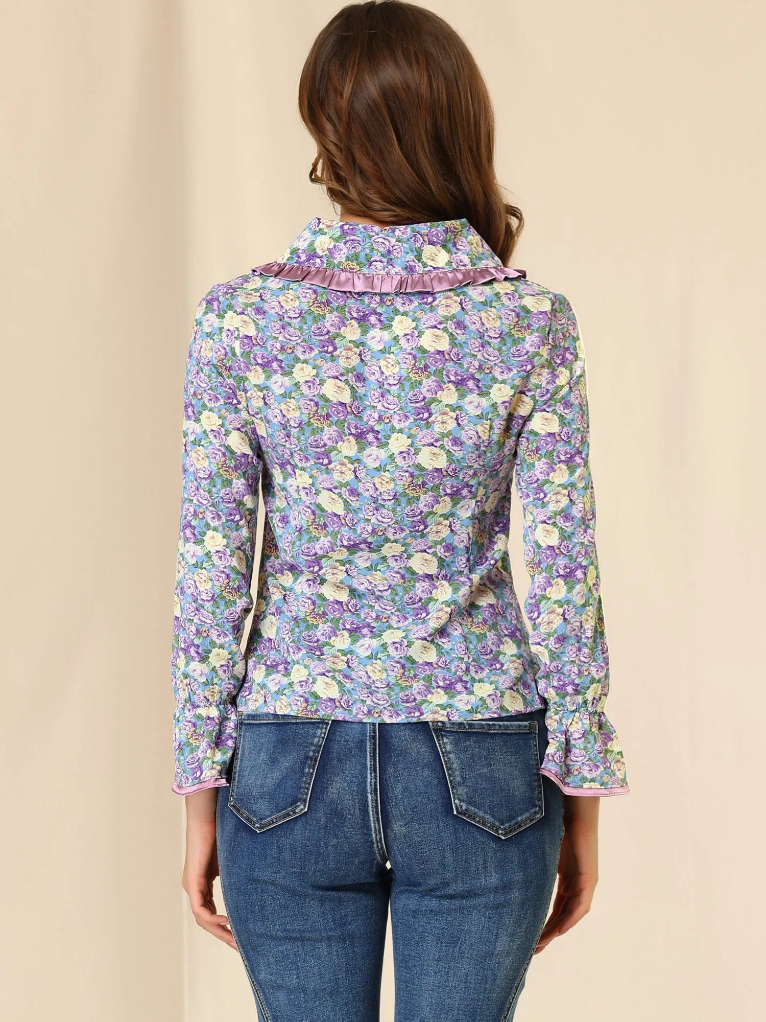 Peter Pan Collar Shirt Ruffle Sleeve Floral Vintage Blouse sold by Allegra K product image thumbnail 4