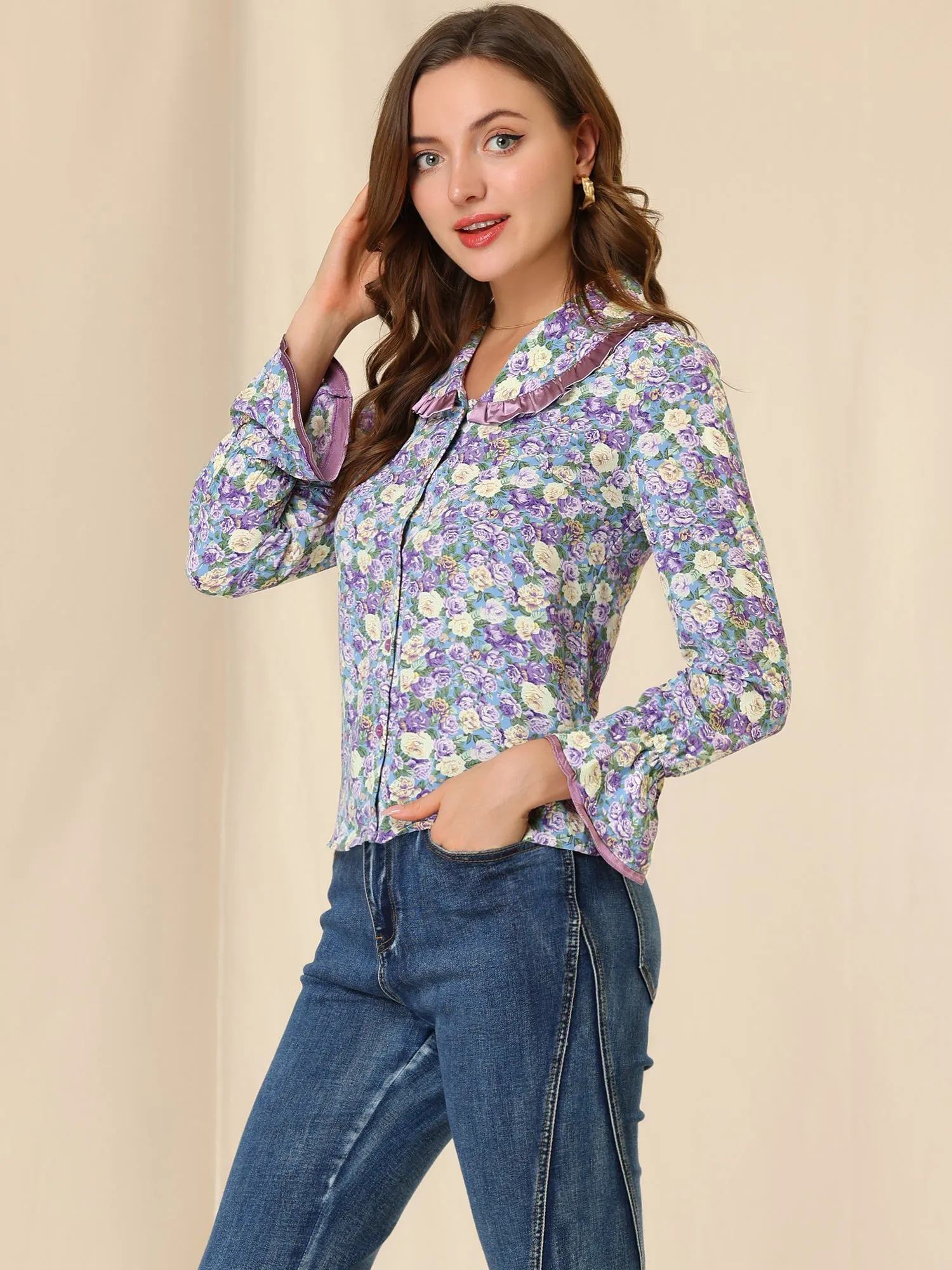 Peter Pan Collar Shirt Ruffle Sleeve Floral Vintage Blouse sold by Allegra K product image thumbnail 3