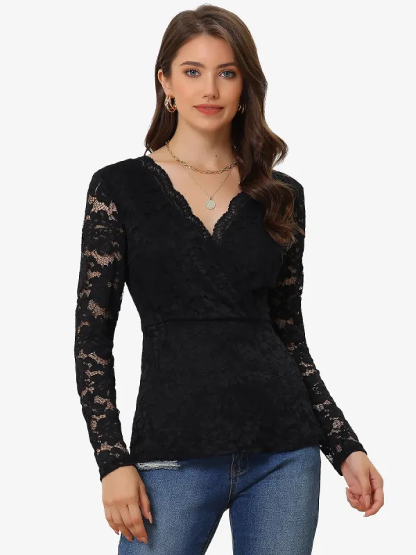 Lace Deep V Neck Long Sleeve Floral Wrap Peplum Top Blouse sold by Allegra K
