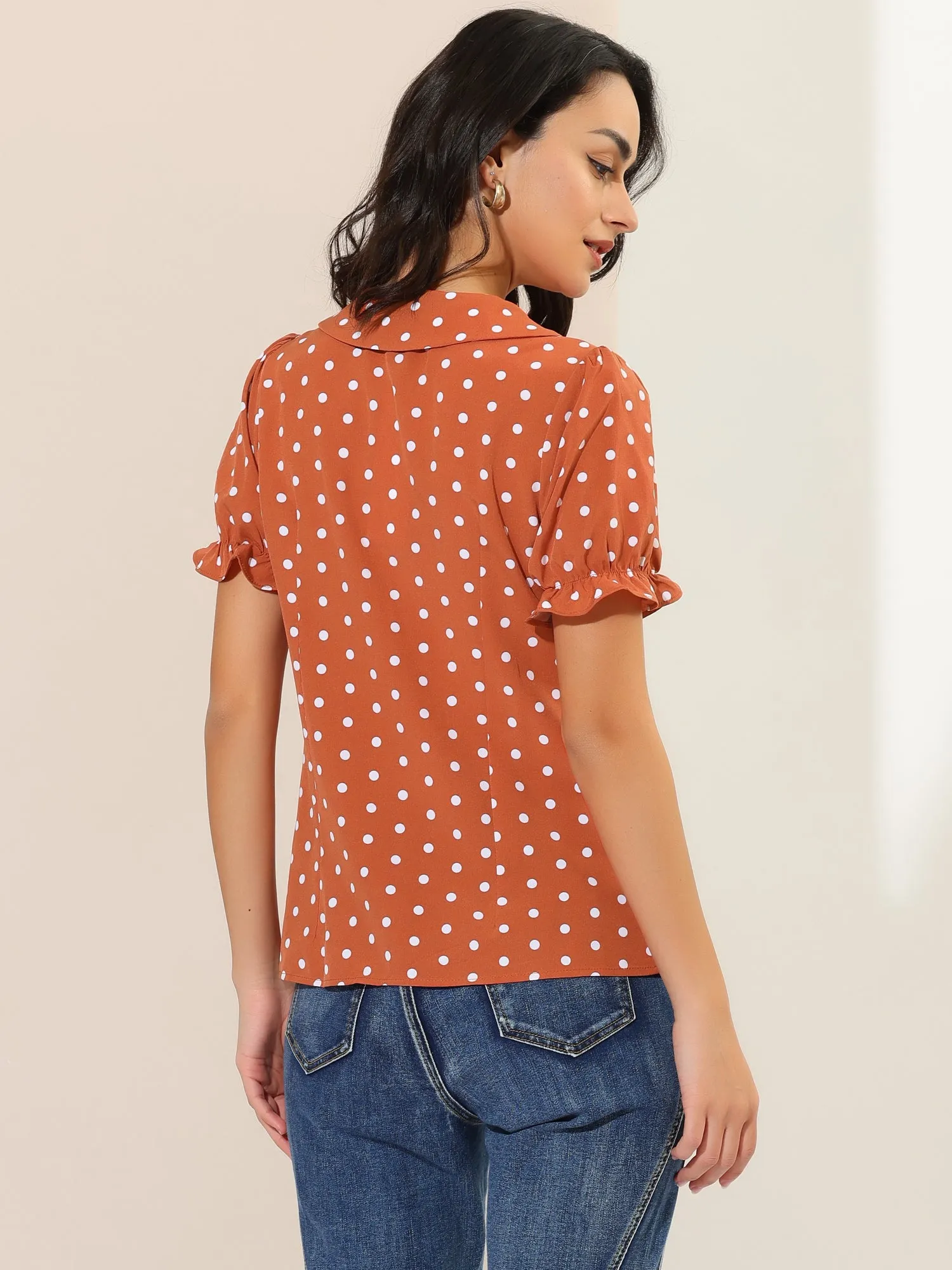 Polka Dot Short Puff Sleeve Button Up Peter Pan Collar Blouse sold by Allegra K product image thumbnail 4