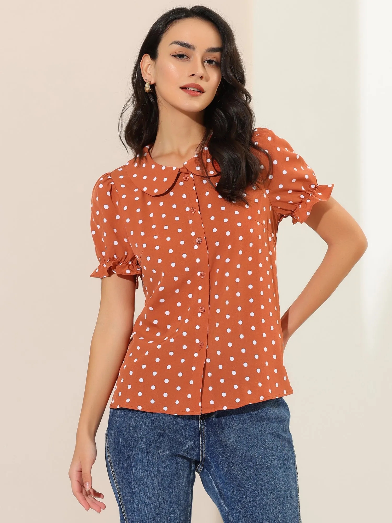 Polka Dot Short Puff Sleeve Button Up Peter Pan Collar Blouse sold by Allegra K product image thumbnail 3