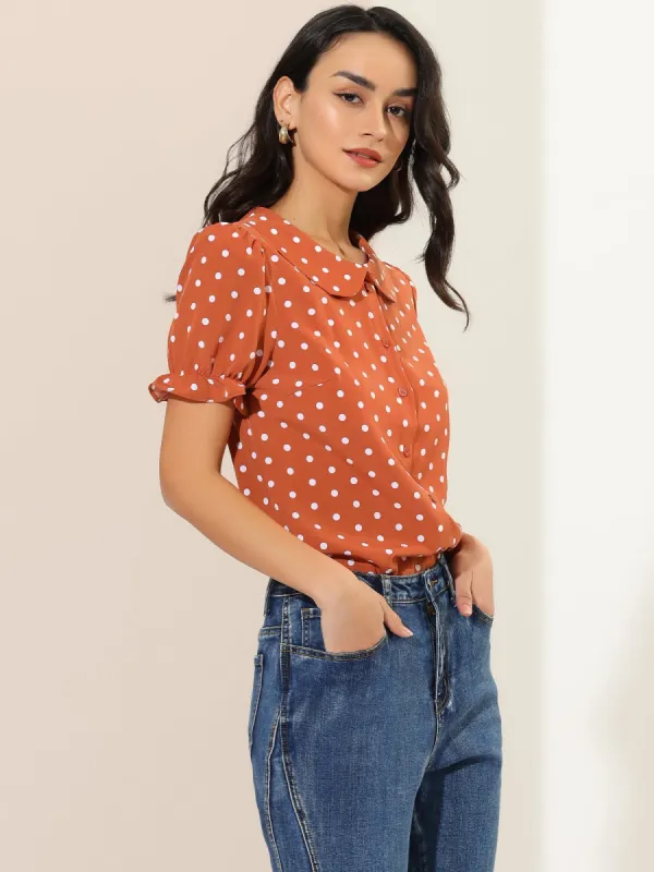 Polka Dot Short Puff Sleeve Button Up Peter Pan Collar Blouse sold by Allegra K