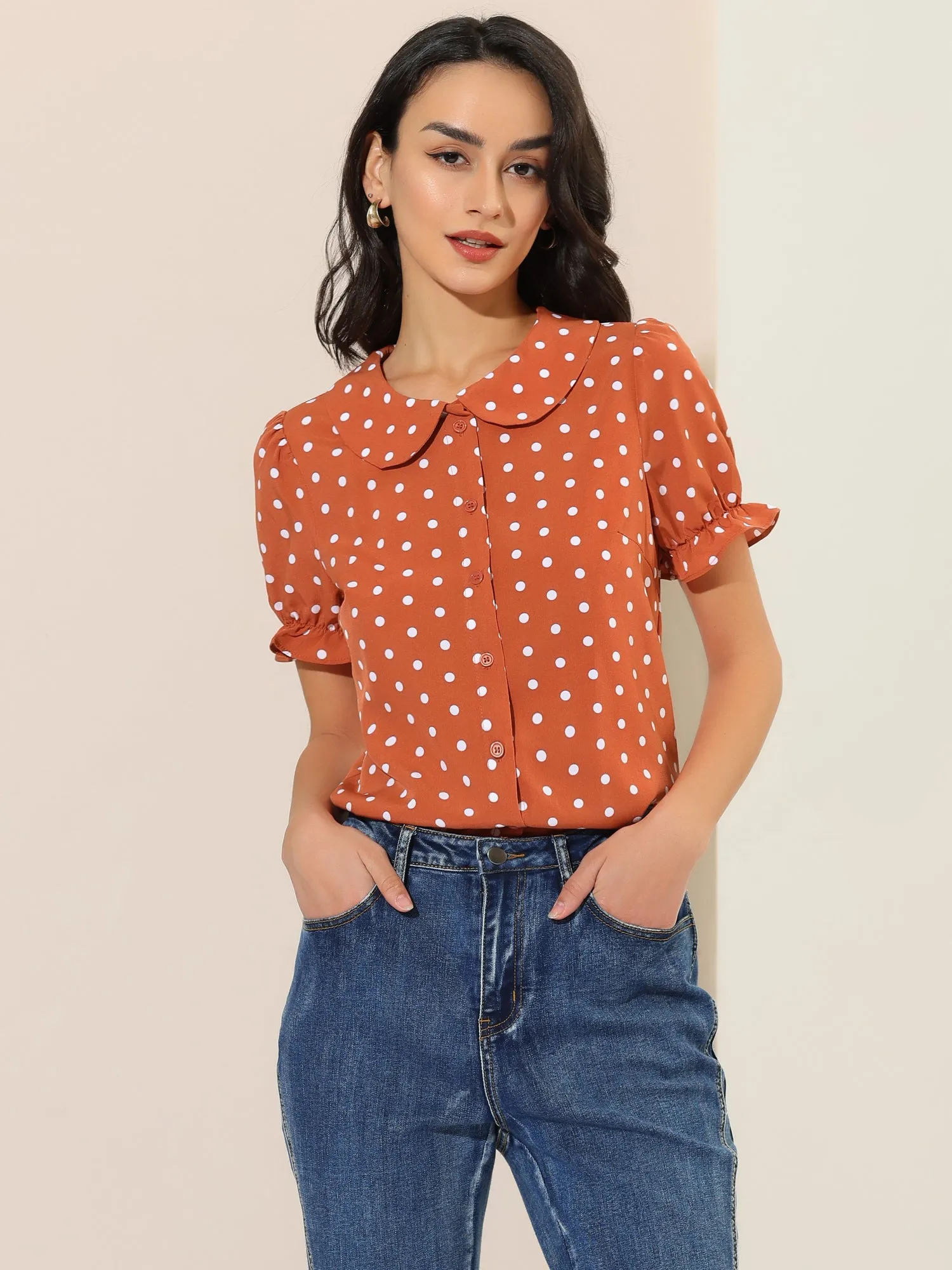Polka Dot Short Puff Sleeve Button Up Peter Pan Collar Blouse sold by Allegra K product image thumbnail 2