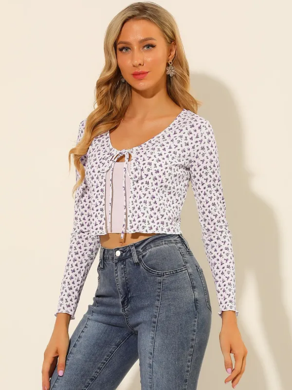 Long Sleeve Crop Cardigan Tie Front Knit Floral Shrug Top sold by Allegra K