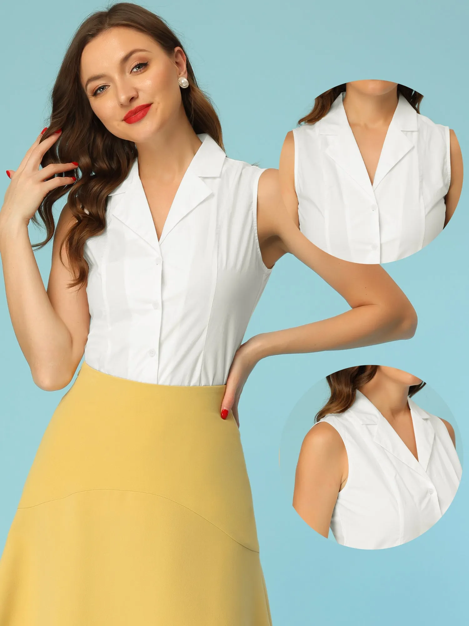 Elegant Sleeveless Shirt Cotton Lapel Collar 1950s Vintage Top sold by Allegra K