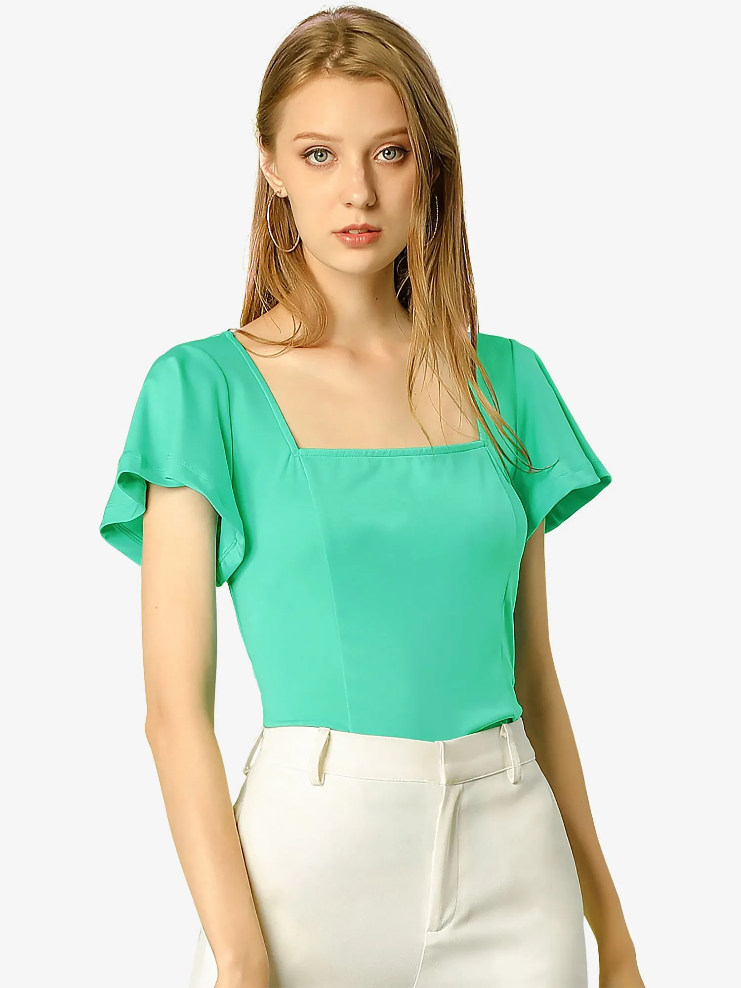 Work Office Top Square Neck Flutter Short Sleeve Blouse sold by Allegra K
