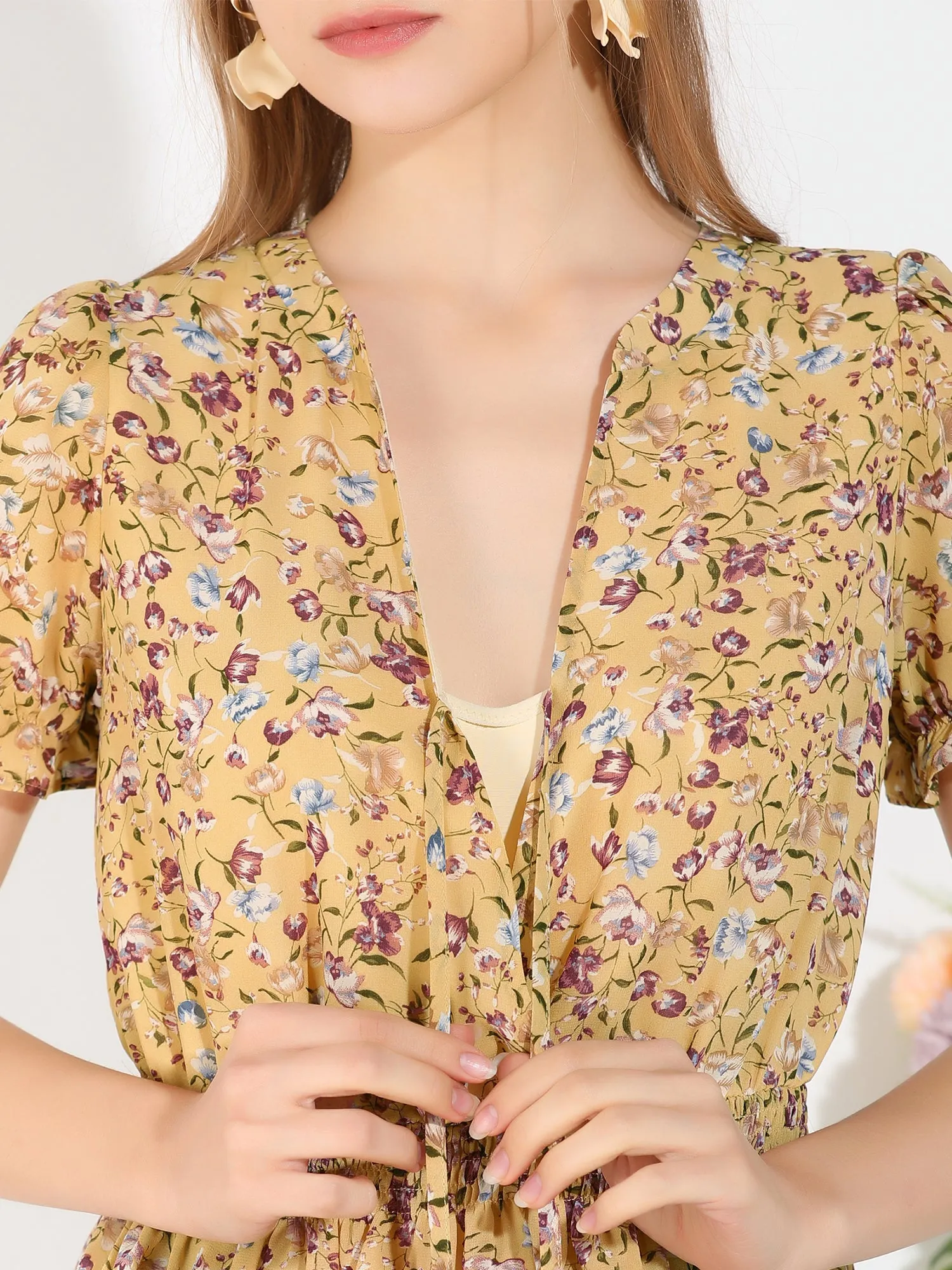 Ruffle Tie V Neck Elegant Top Puff Sleeve Floral Blouse sold by Allegra K product image thumbnail 5