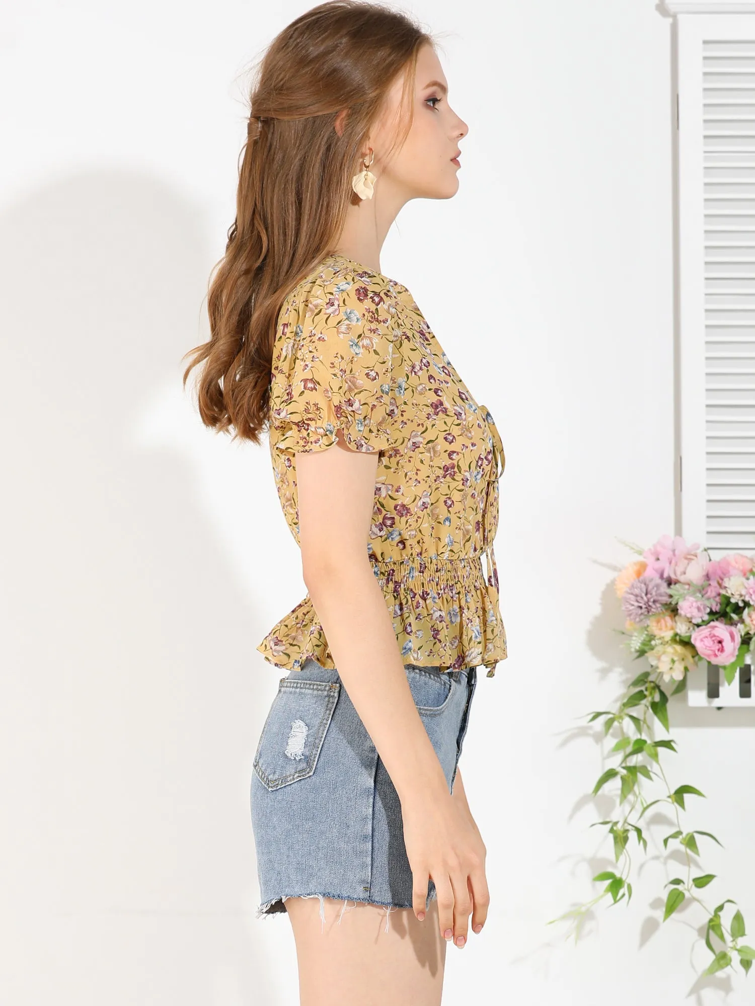 Ruffle Tie V Neck Elegant Top Puff Sleeve Floral Blouse sold by Allegra K product image thumbnail 3