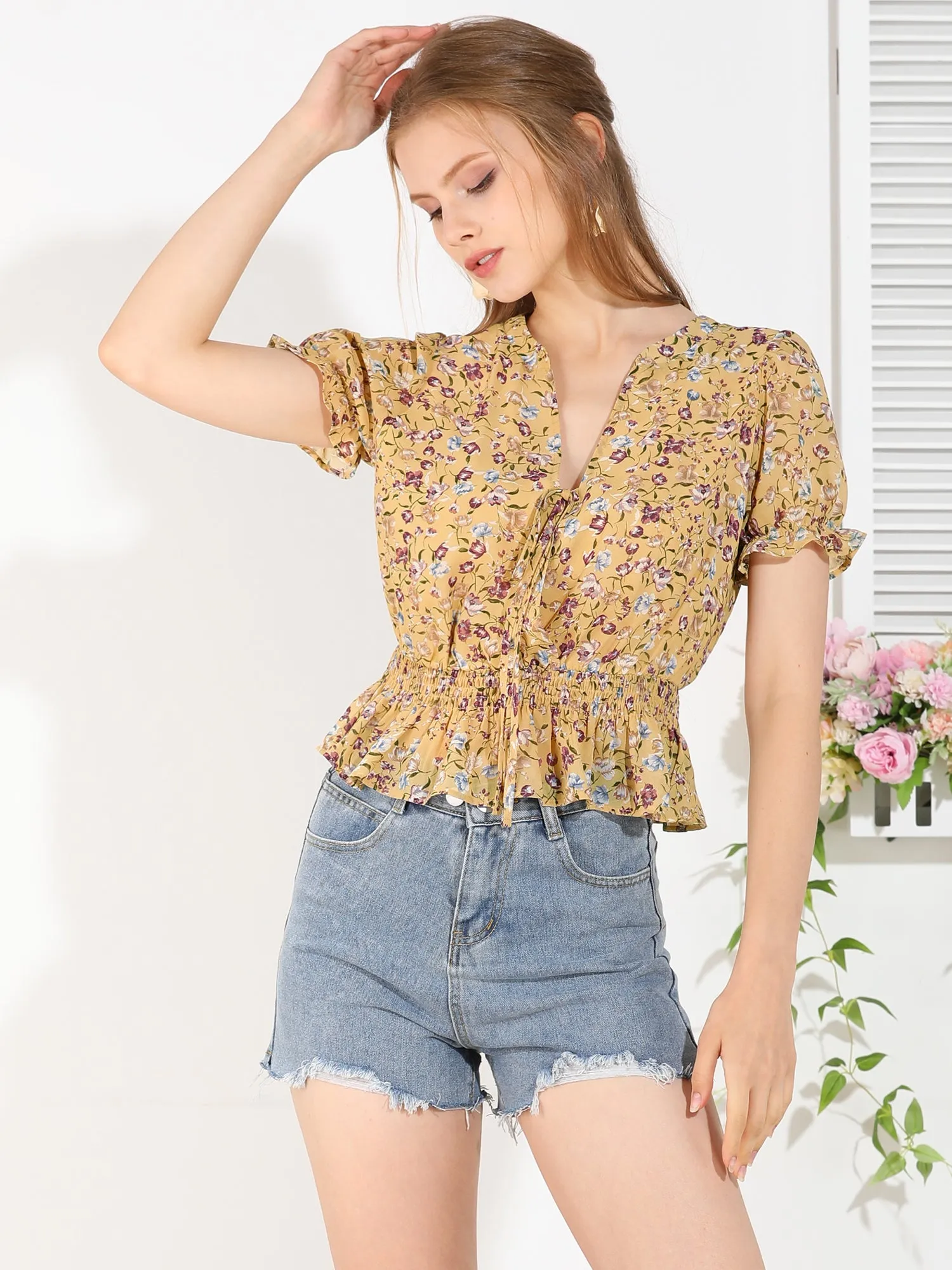 Ruffle Tie V Neck Elegant Top Puff Sleeve Floral Blouse sold by Allegra K product image thumbnail 2