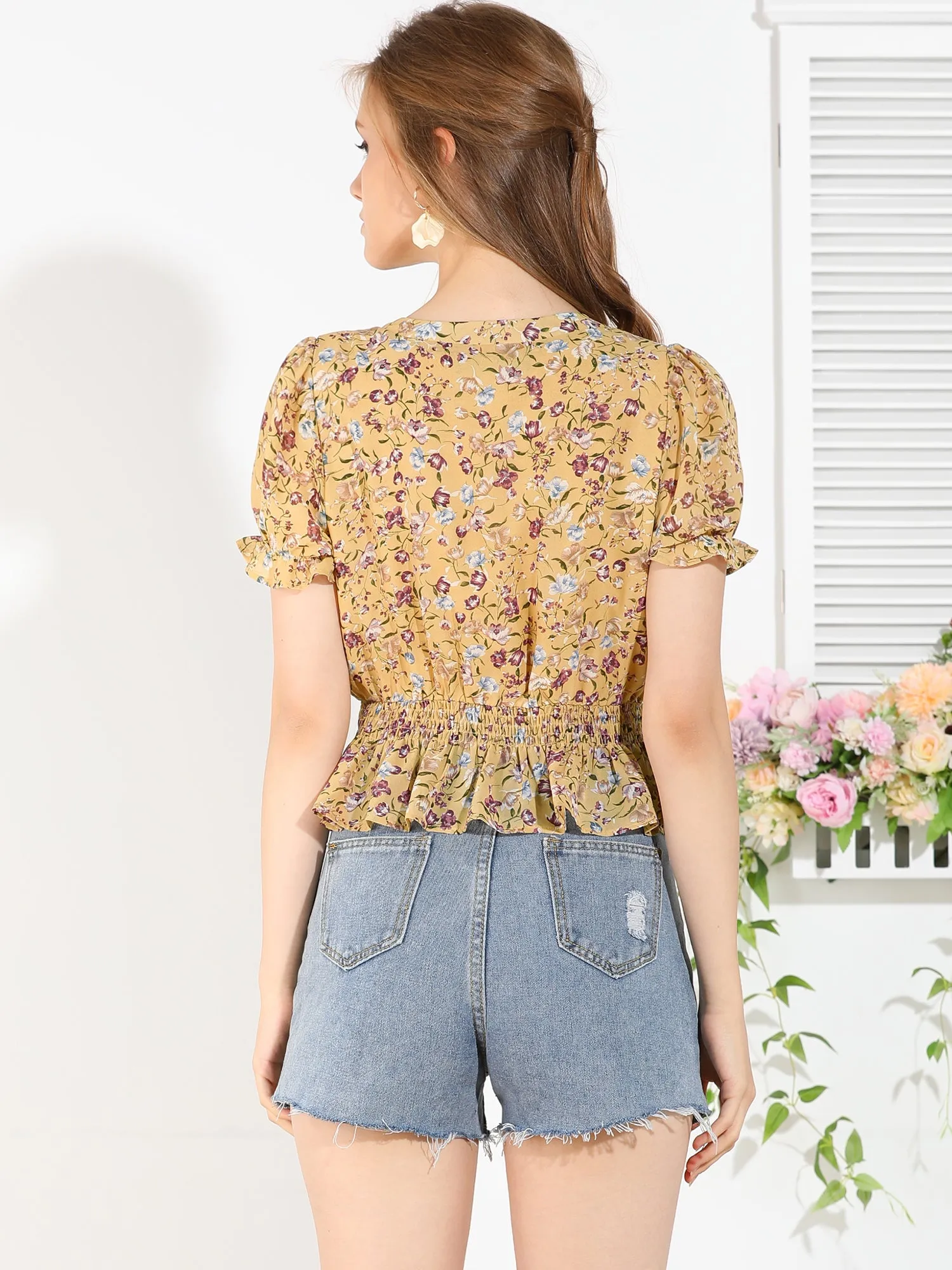 Ruffle Tie V Neck Elegant Top Puff Sleeve Floral Blouse sold by Allegra K product image thumbnail 4