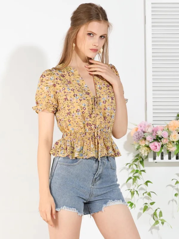 Ruffle Tie V Neck Elegant Top Puff Sleeve Floral Blouse sold by Allegra K