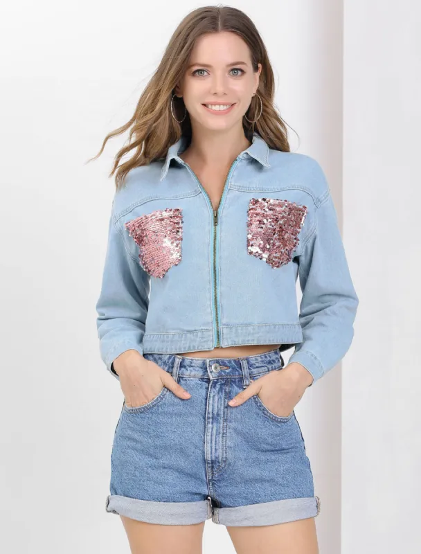 Casual Sequin Shiny Sparkle Drop Long Sleeve Zipper Crop Denim Jacket sold by Allegra K