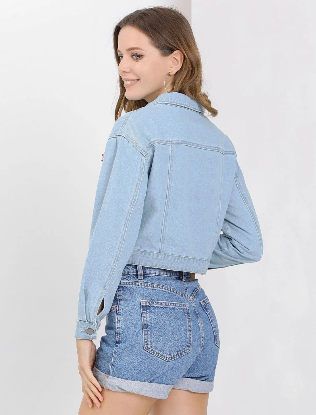 Casual Sequin Shiny Sparkle Drop Long Sleeve Zipper Crop Denim Jacket sold by Allegra K product image thumbnail 5