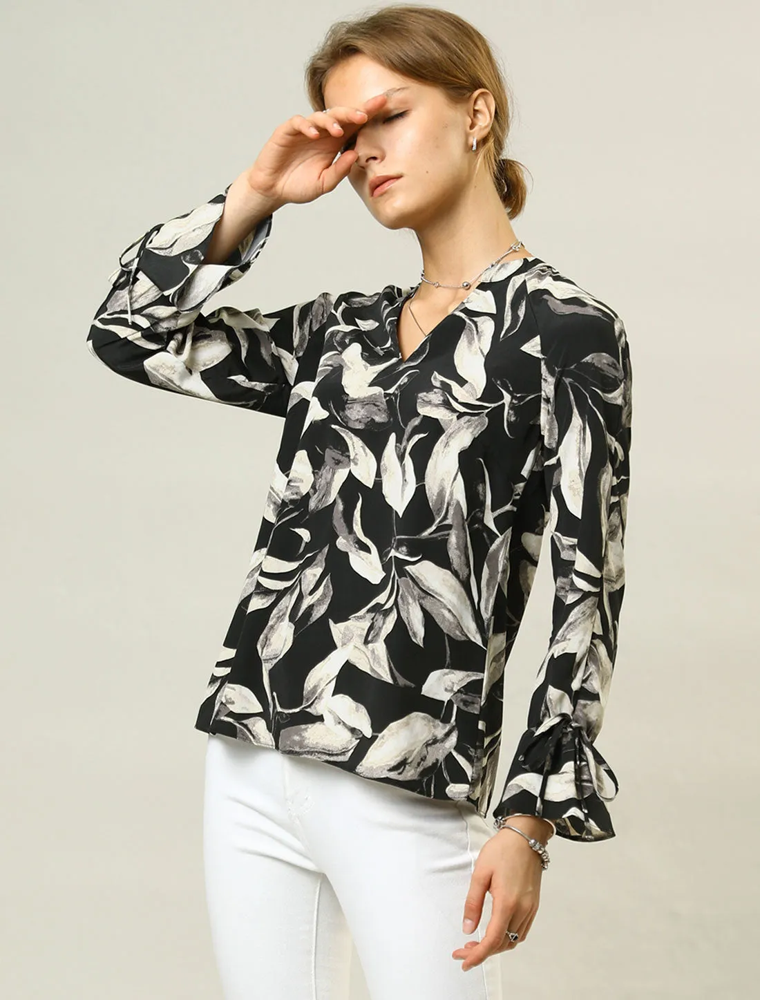 Floral Long Sleeve V Neck Print Tie Cuff Chiffon Vintage Blouse sold by Allegra K product image thumbnail 2