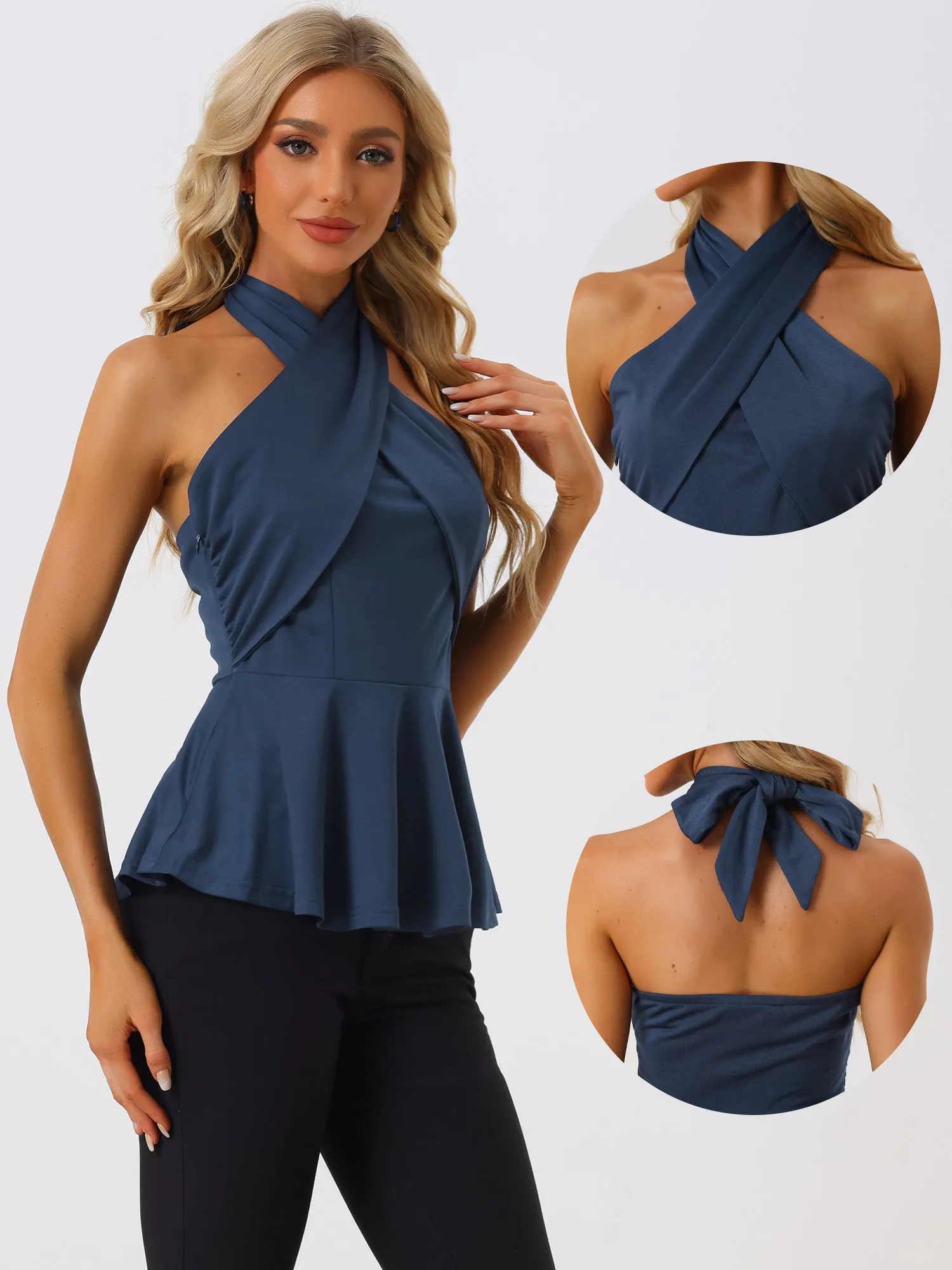 Peplum Crisscross Sleeveless Ruched Halter Neck Tank Top sold by Allegra K product image thumbnail 2