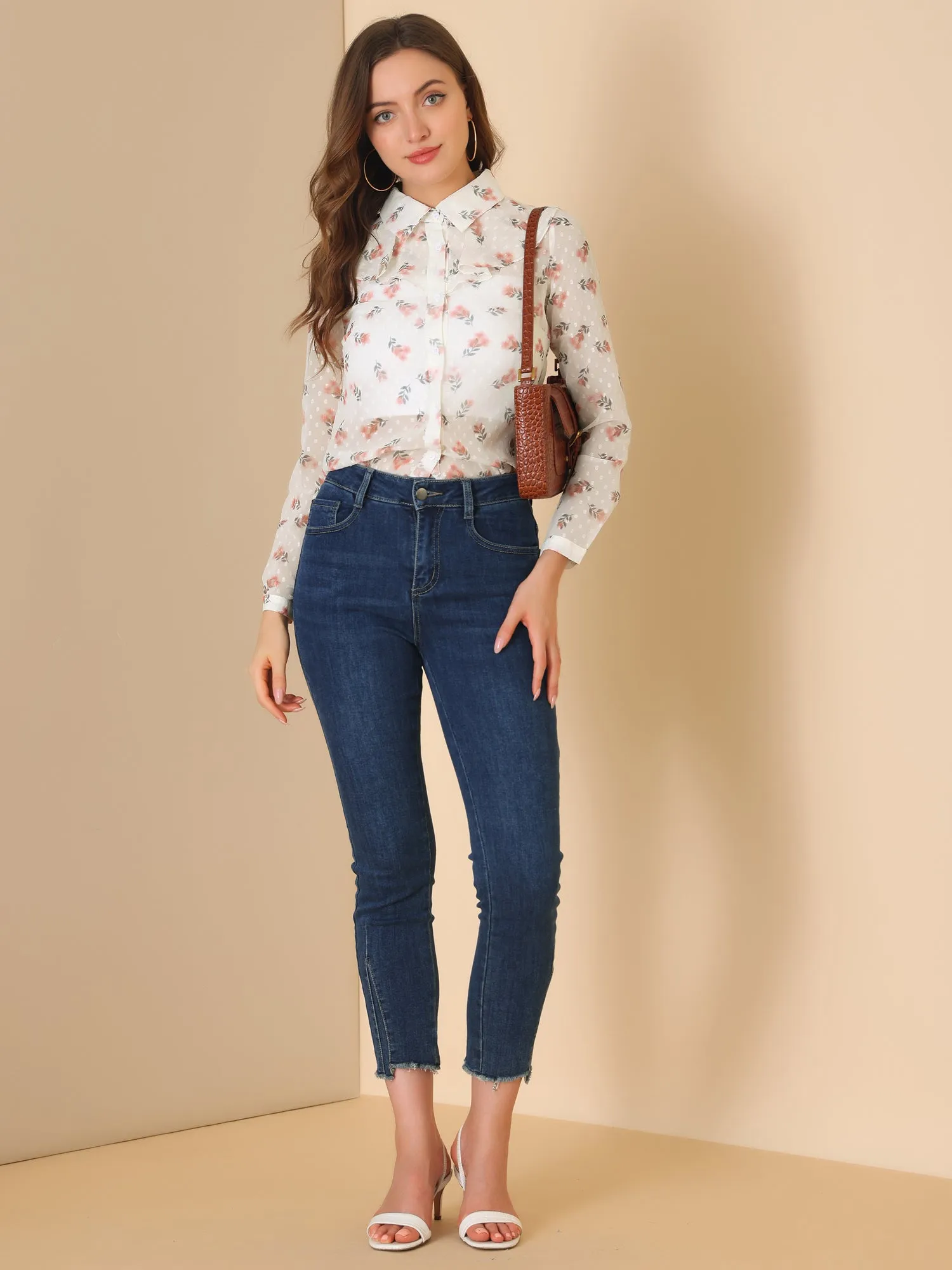 Swiss Dots Floral Shirt Ruffle Neck Long Sleeve Sheer Blouse Top sold by Allegra K product image thumbnail 3