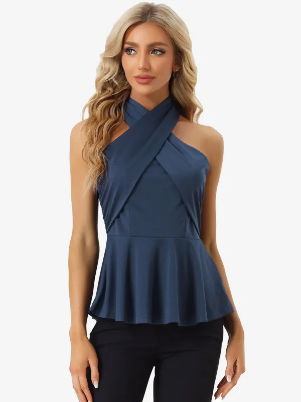 Peplum Crisscross Sleeveless Ruched Halter Neck Tank Top sold by Allegra K
