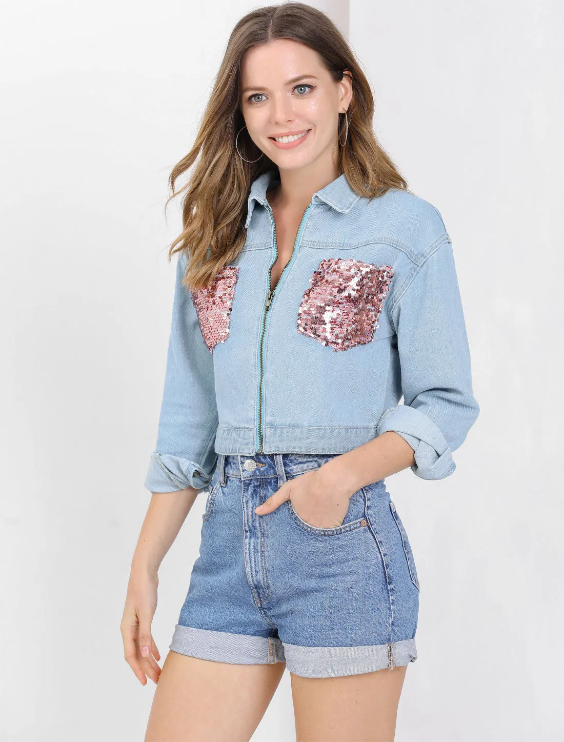 Casual Sequin Shiny Sparkle Drop Long Sleeve Zipper Crop Denim Jacket sold by Allegra K product image thumbnail 3