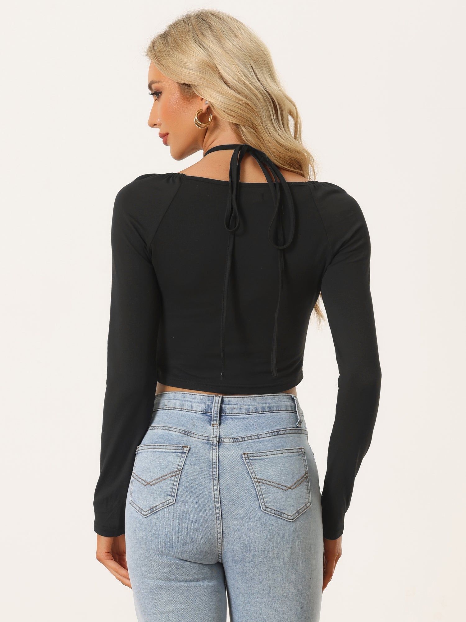 Women's Cross Halter Neck Tops Sexy Long Sleeves T-Shirt sold by Allegra K product image thumbnail 3