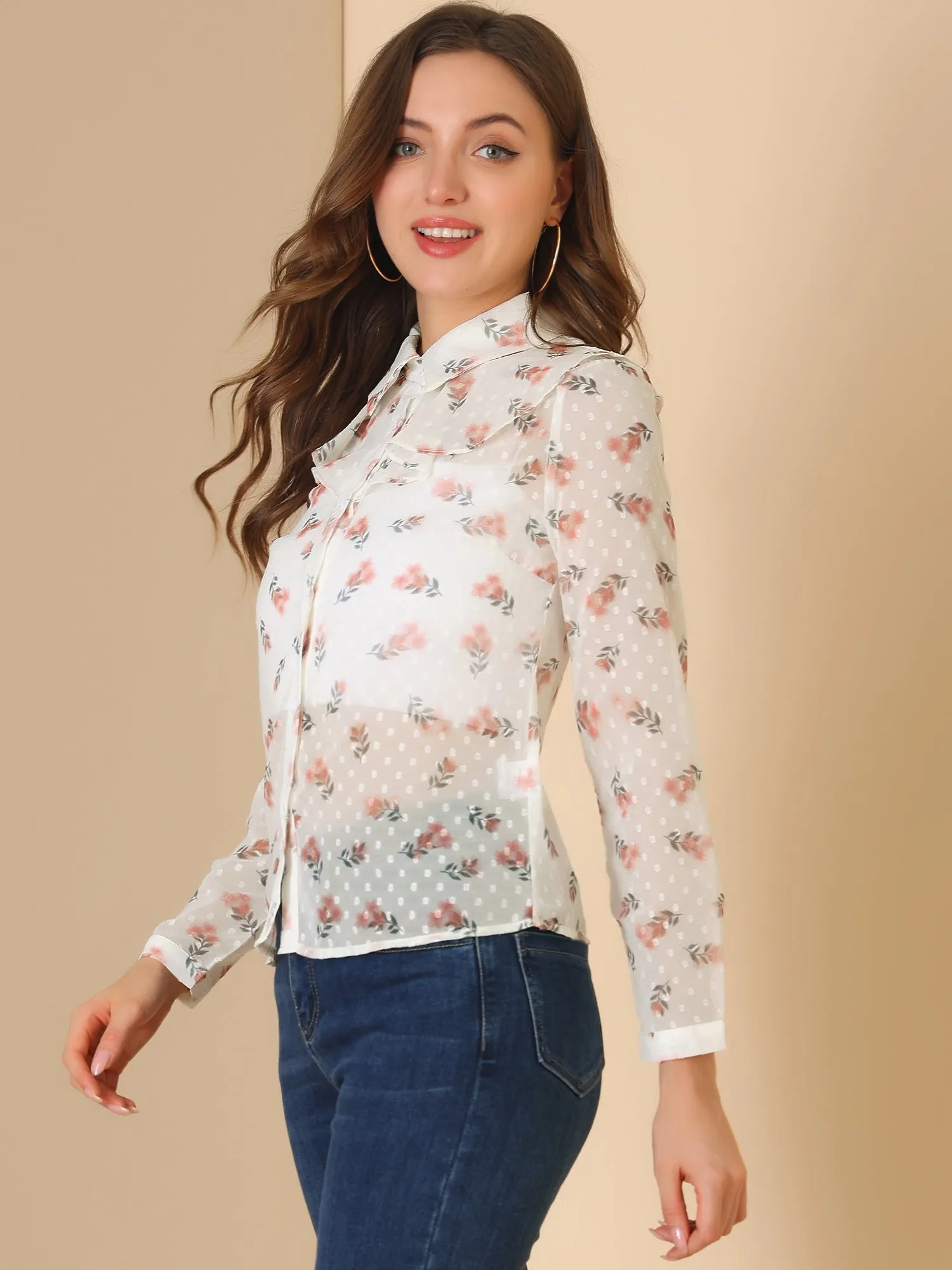 Swiss Dots Floral Shirt Ruffle Neck Long Sleeve Sheer Blouse Top sold by Allegra K product image thumbnail 4