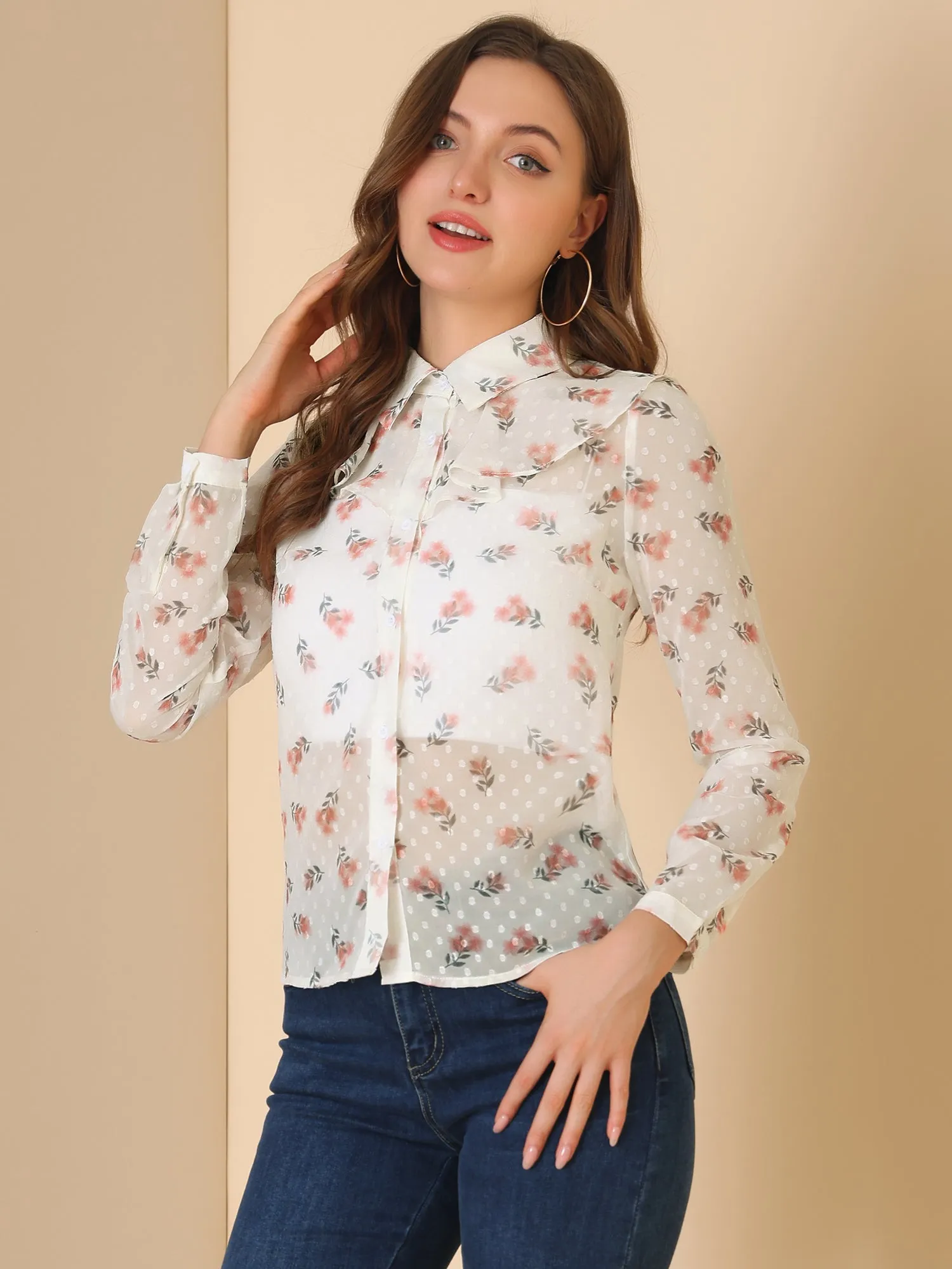 Swiss Dots Floral Shirt Ruffle Neck Long Sleeve Sheer Blouse Top sold by Allegra K product image thumbnail 2