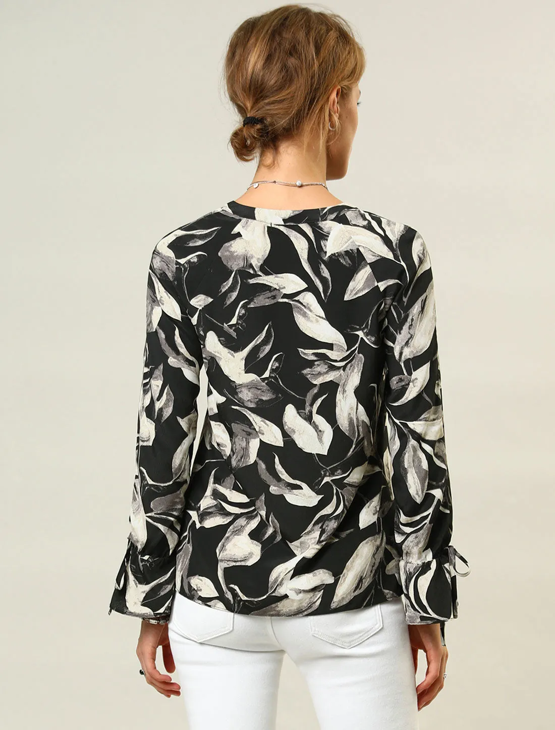 Floral Long Sleeve V Neck Print Tie Cuff Chiffon Vintage Blouse sold by Allegra K product image thumbnail 5