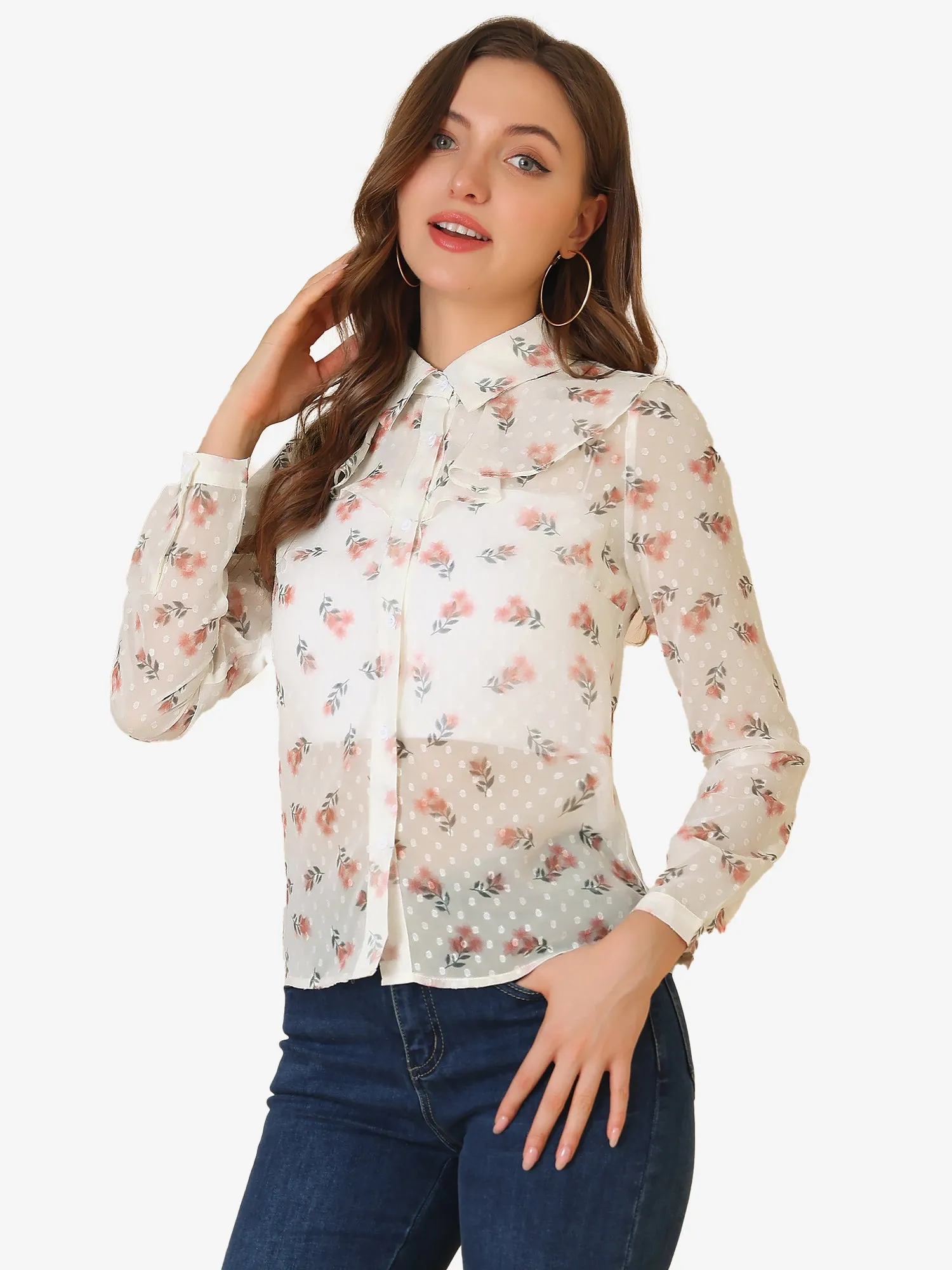 Swiss Dots Floral Shirt Ruffle Neck Long Sleeve Sheer Blouse Top sold by Allegra K