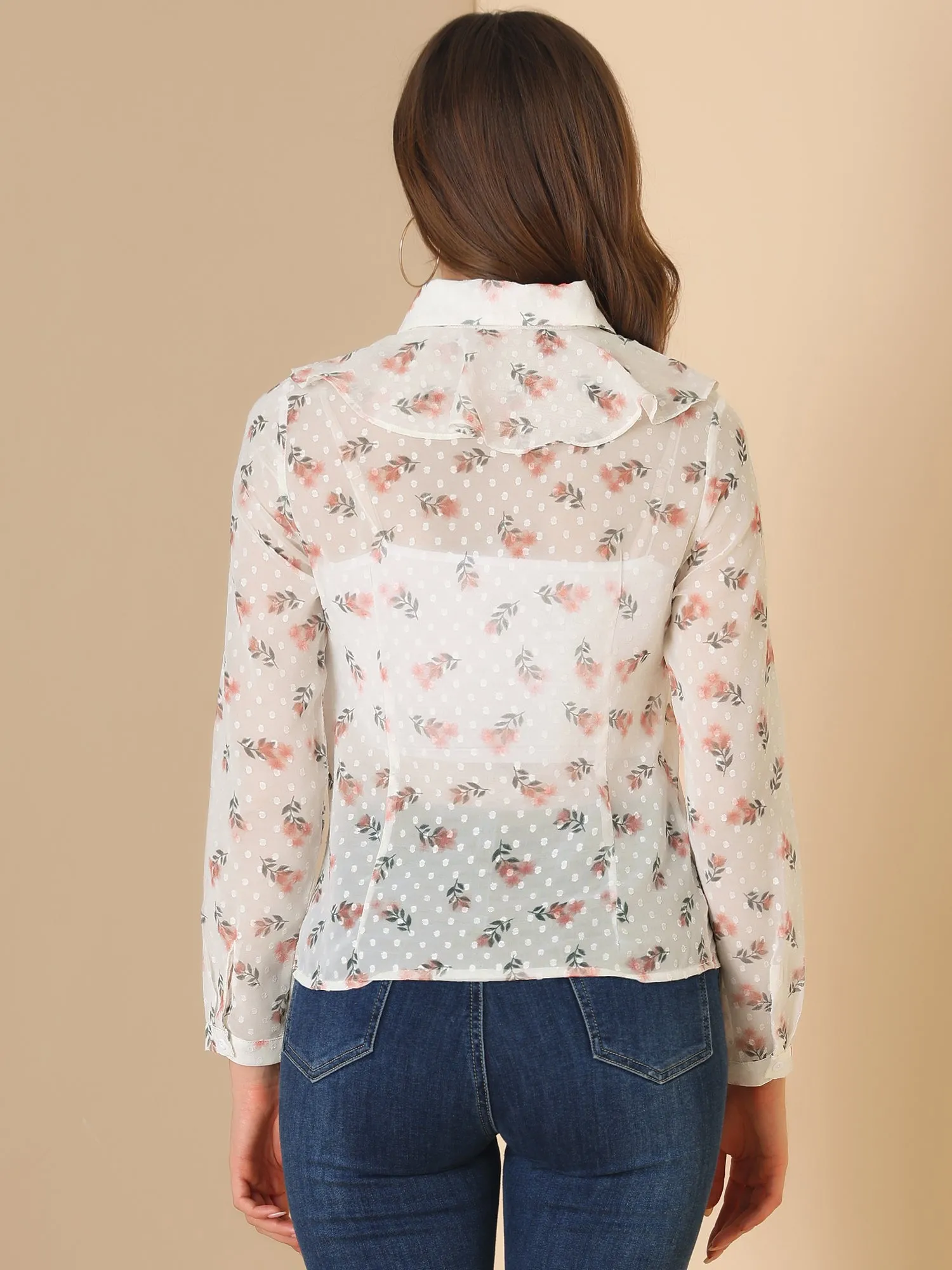 Swiss Dots Floral Shirt Ruffle Neck Long Sleeve Sheer Blouse Top sold by Allegra K product image thumbnail 5